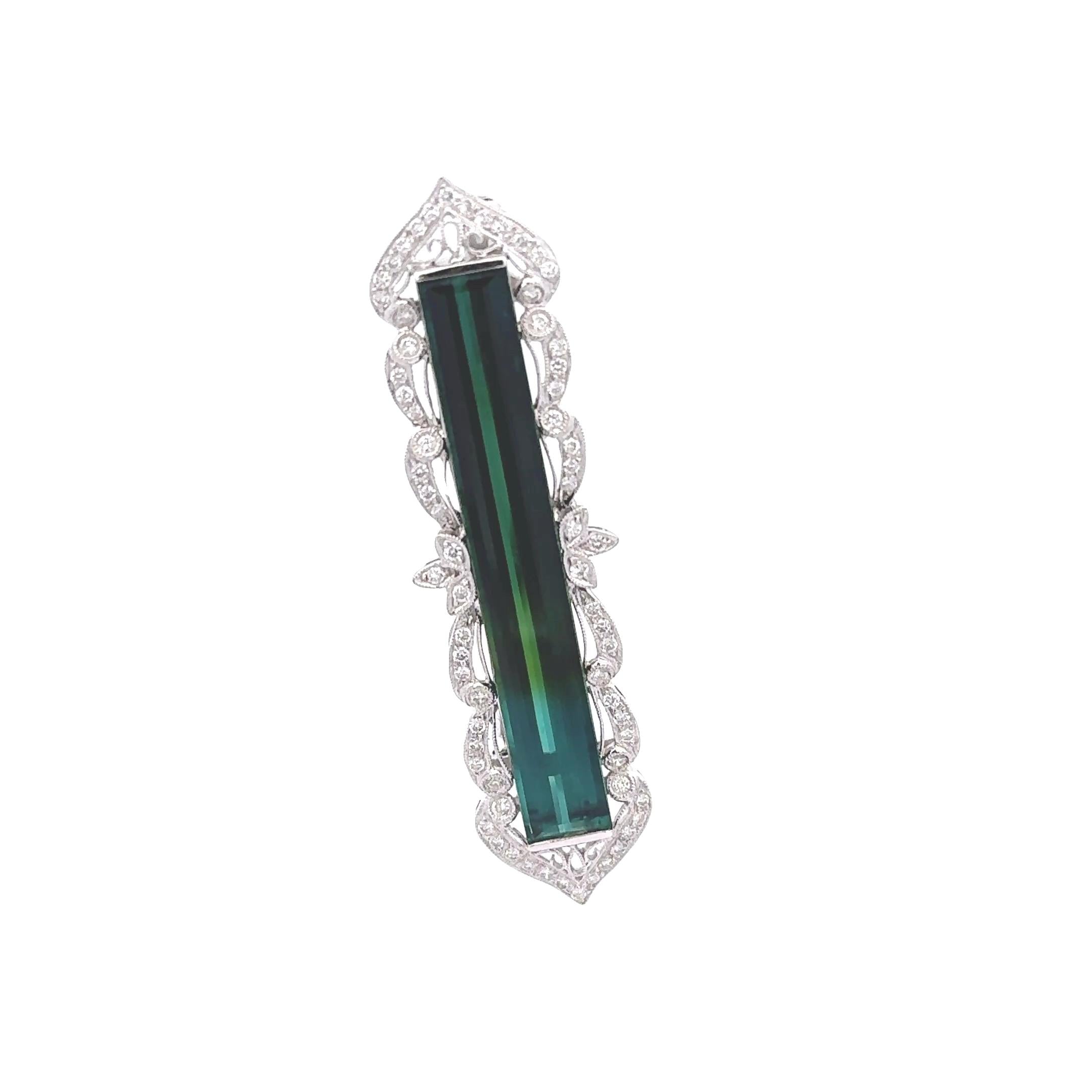 16 Carats Bi-Color Tourmaline Diamond 18k White Gold Antique Style Brooch