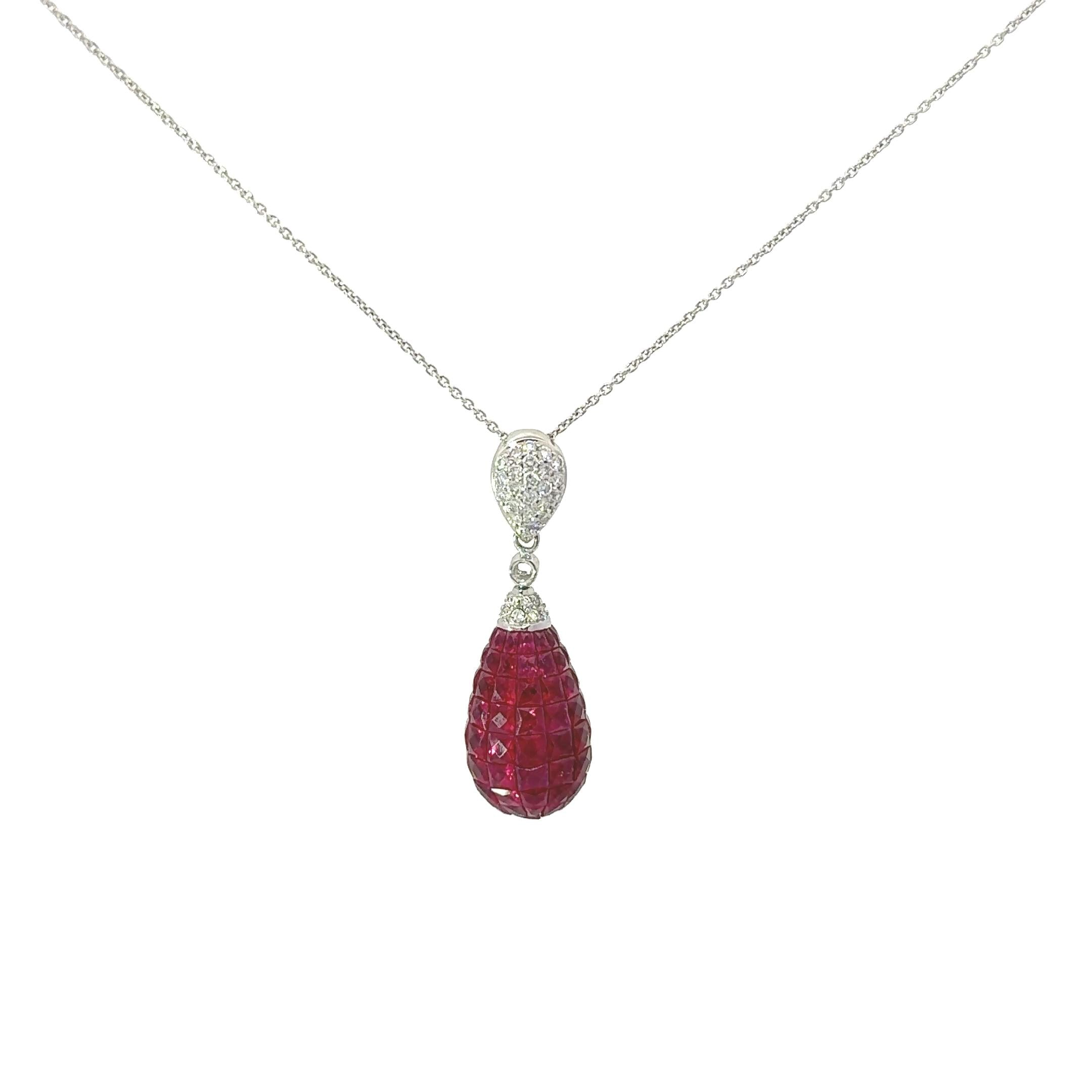 Invisible-Set Ruby Diamond Platinum Drop Pendant Necklace