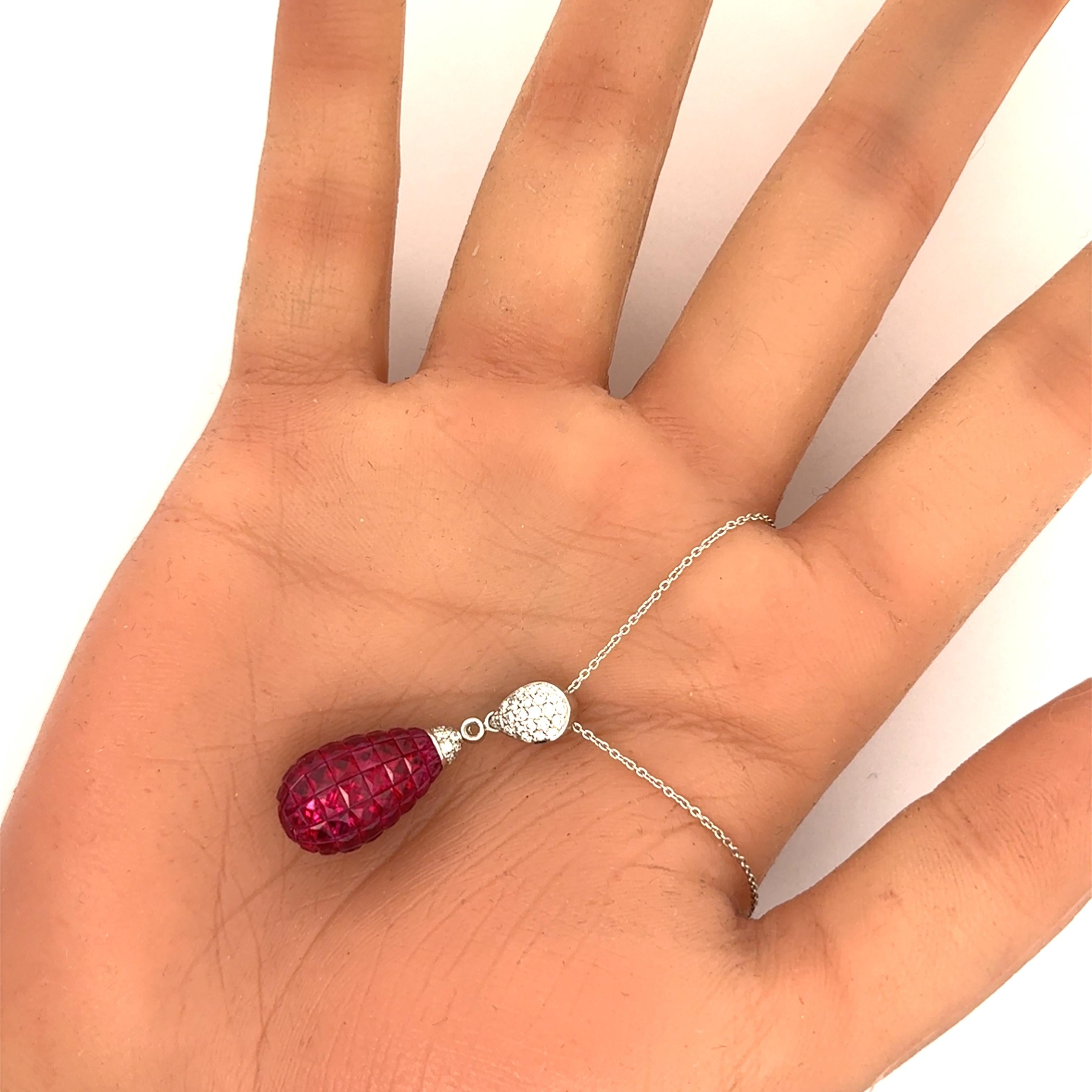 Invisible-Set Ruby Diamond Platinum Drop Pendant Necklace