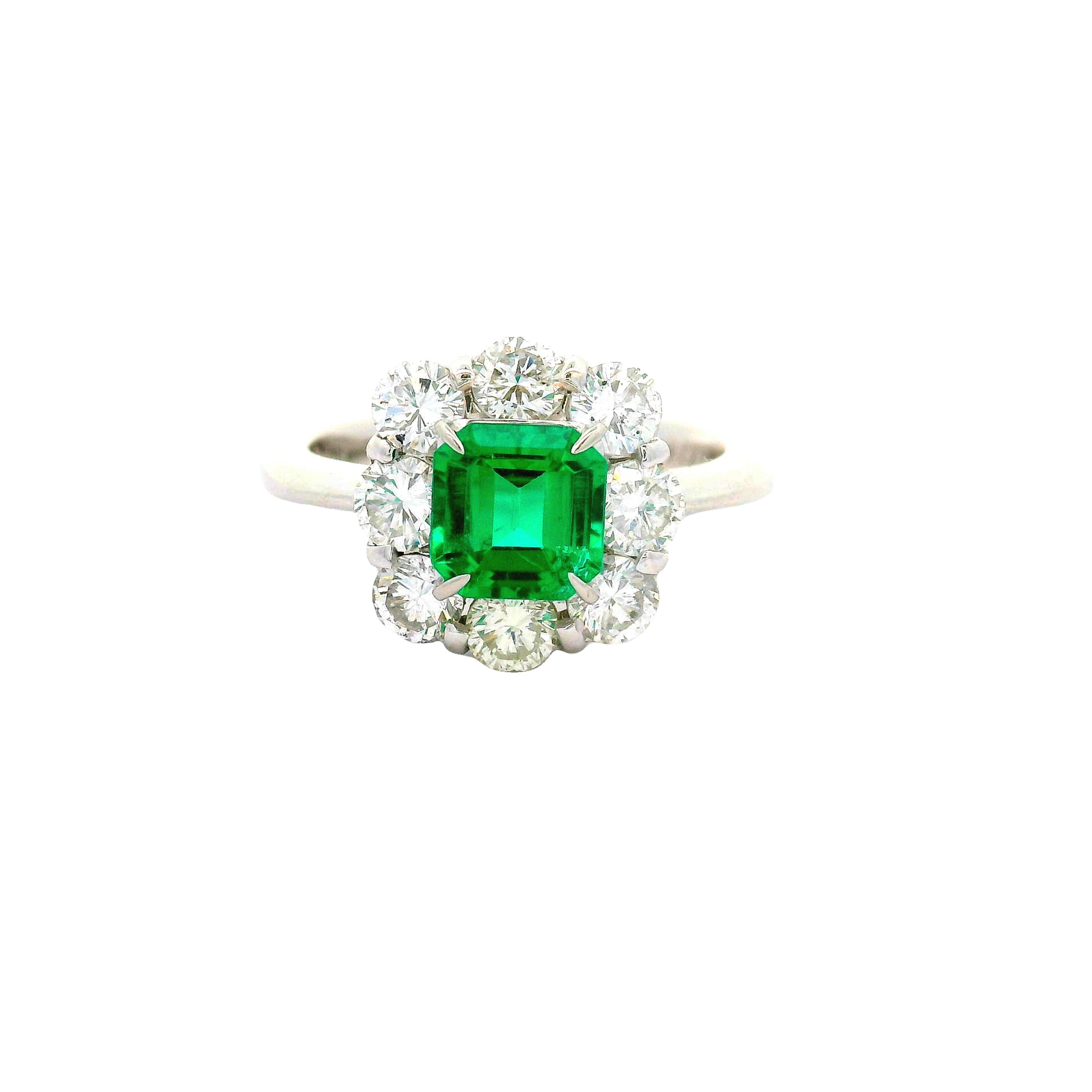 Superb Colombian Emerald Diamond Platinum Halo Ring, GIA Certified