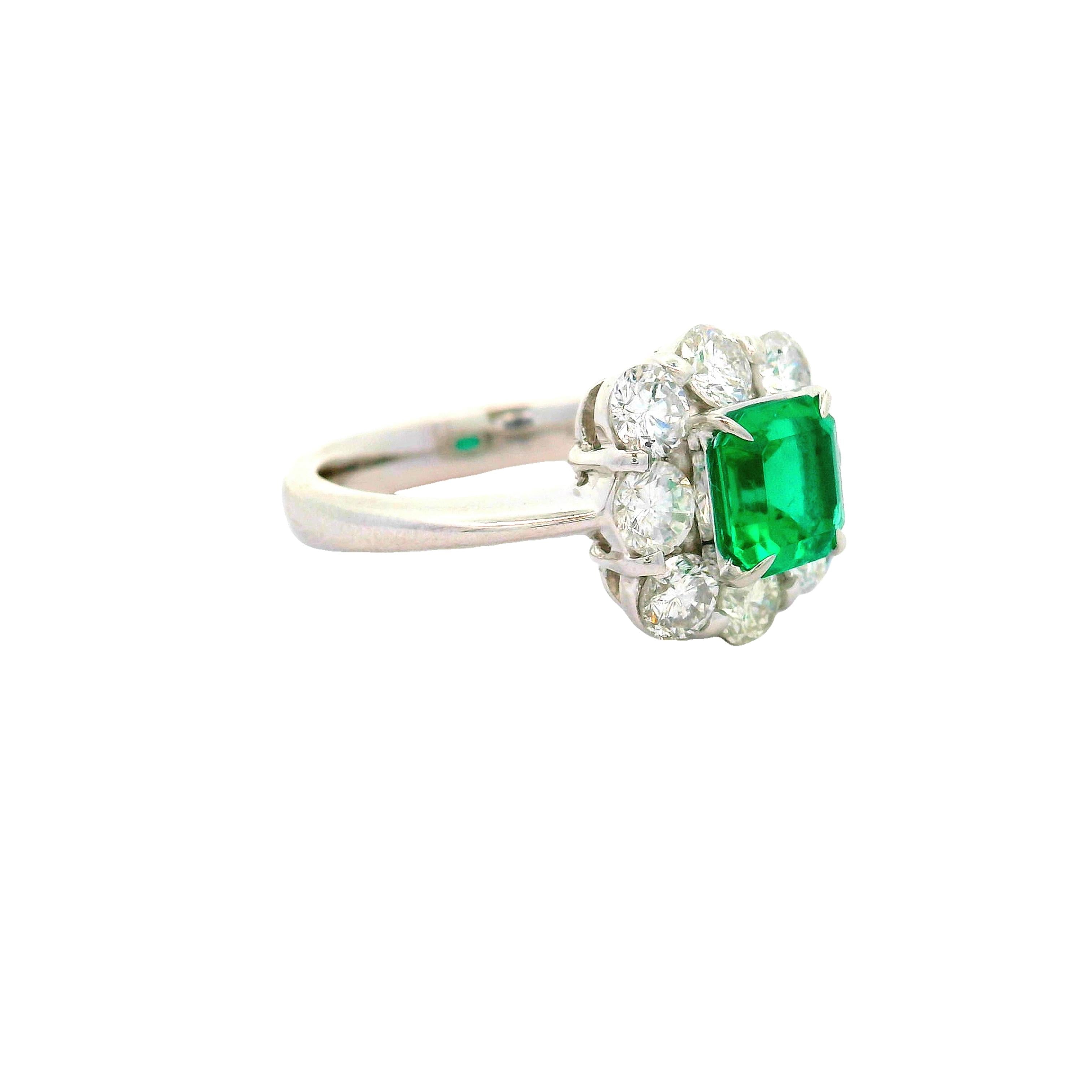 Superb Colombian Emerald Diamond Platinum Halo Ring, GIA Certified