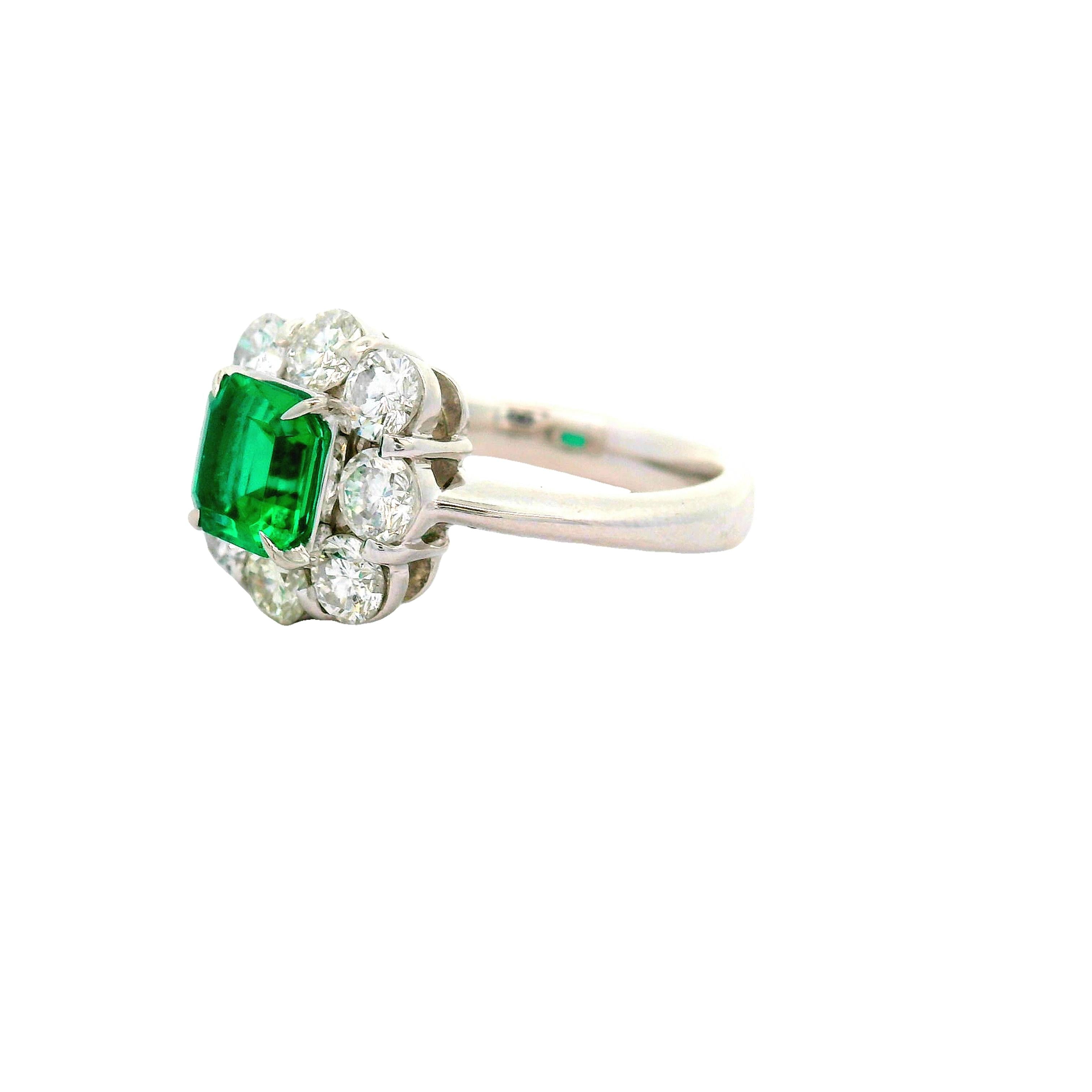Superb Colombian Emerald Diamond Platinum Halo Ring, GIA Certified
