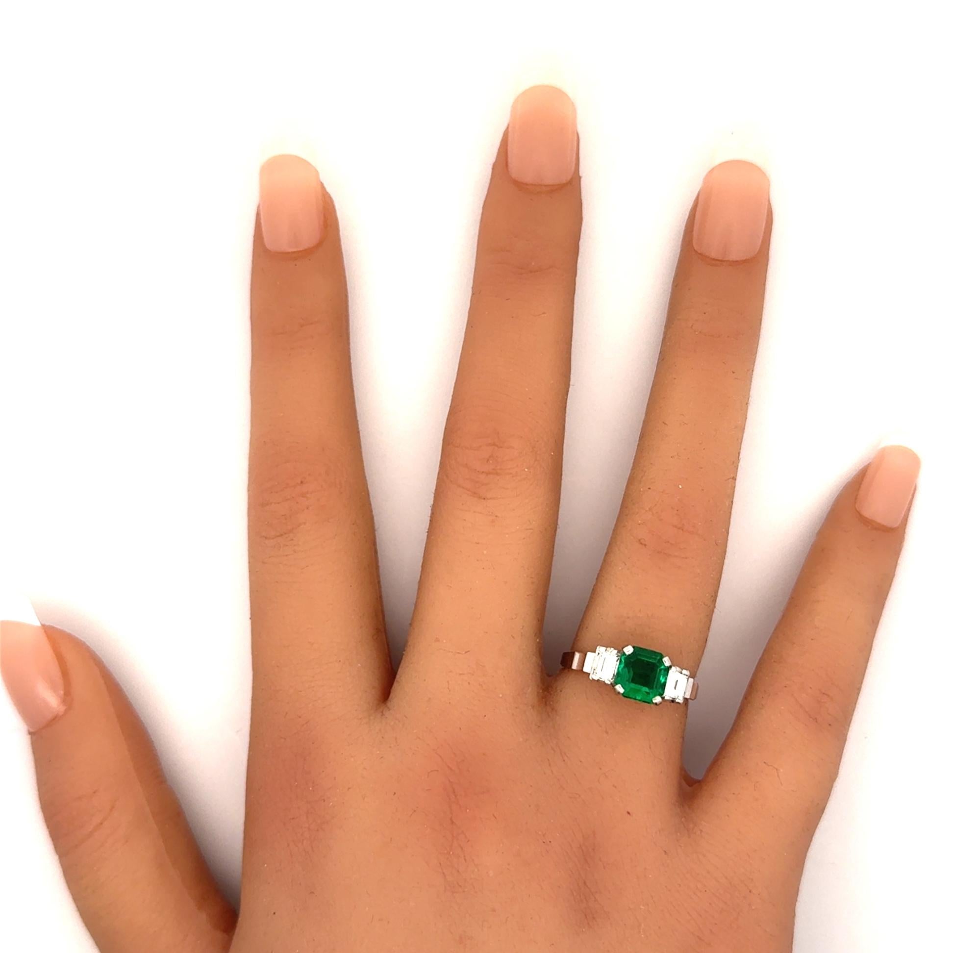 1.26 Carat Old-Mine Colombian Emerald Diamond Platinum Three-Stone Ring, GIA