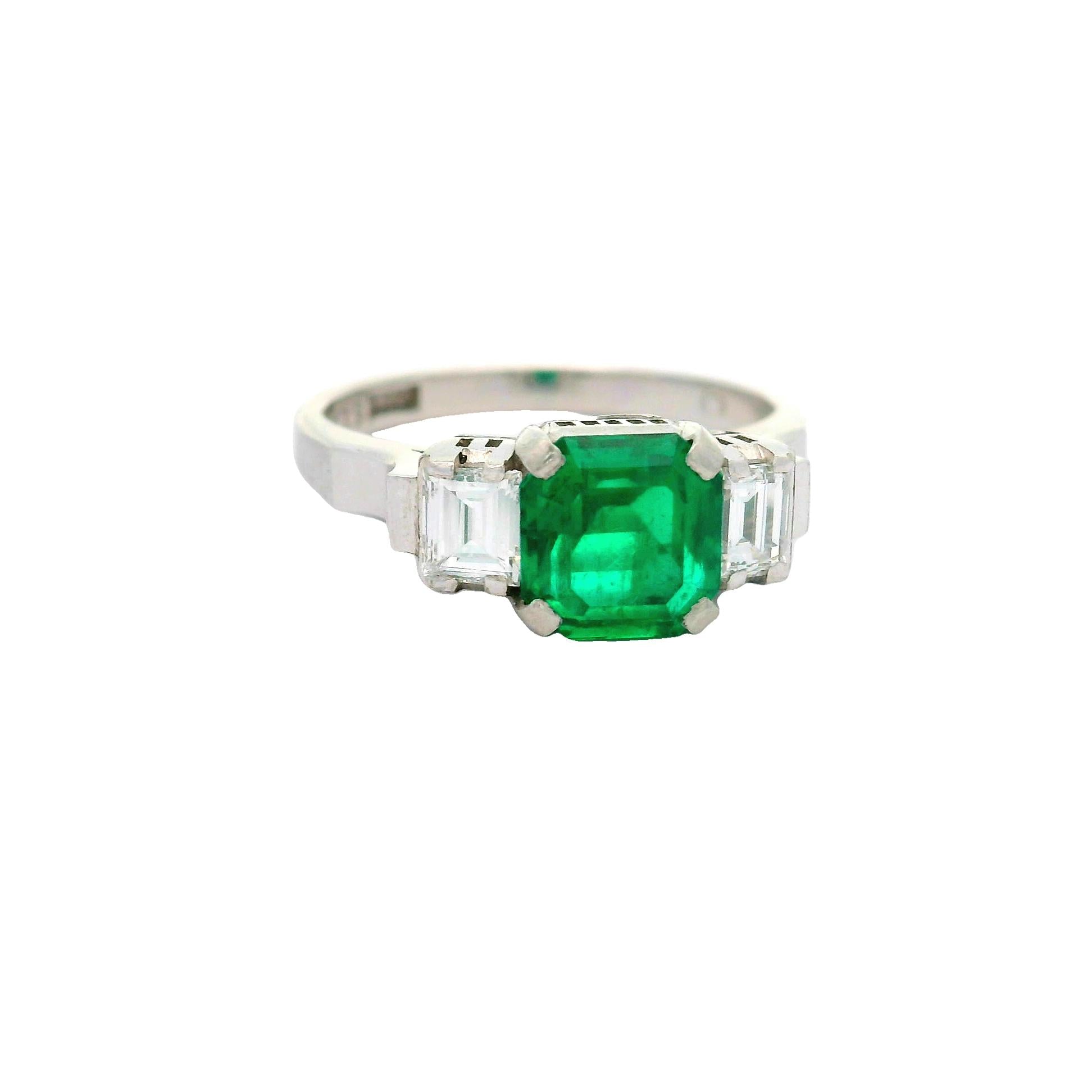 1.26 Carat Old-Mine Colombian Emerald Diamond Platinum Three-Stone Ring, GIA