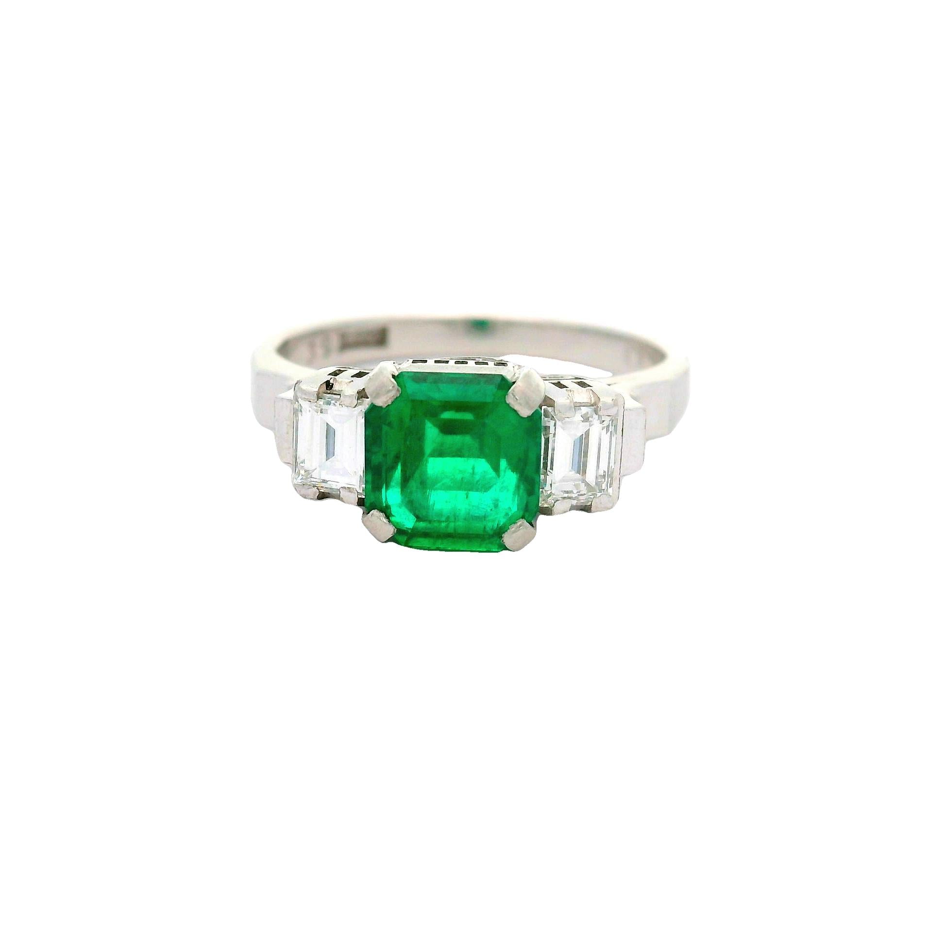 1.26 Carat Old-Mine Colombian Emerald Diamond Platinum Three-Stone Ring, GIA