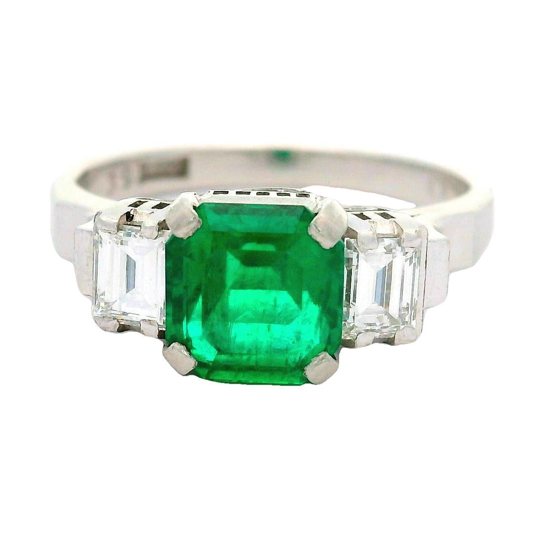 1.26 Carat Old-Mine Colombian Emerald Diamond Platinum Three-Stone Ring, GIA
