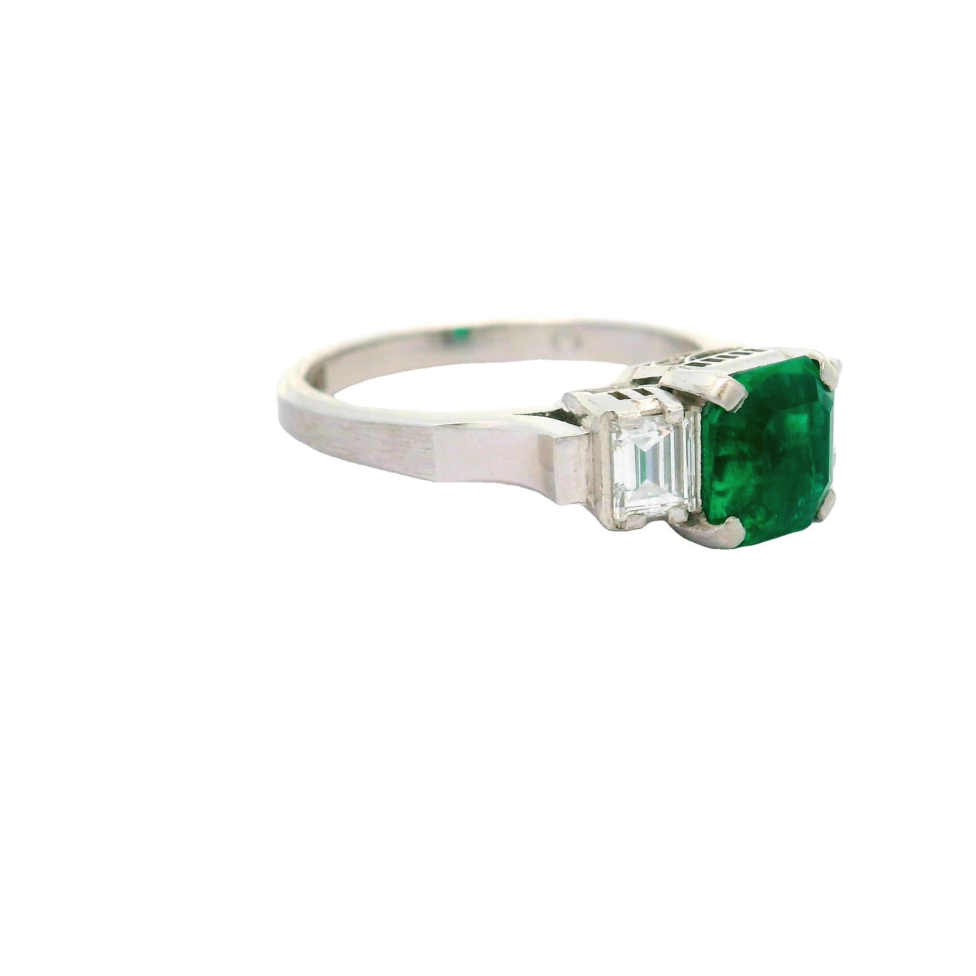 1.26 Carat Old-Mine Colombian Emerald Diamond Platinum Three-Stone Ring, GIA