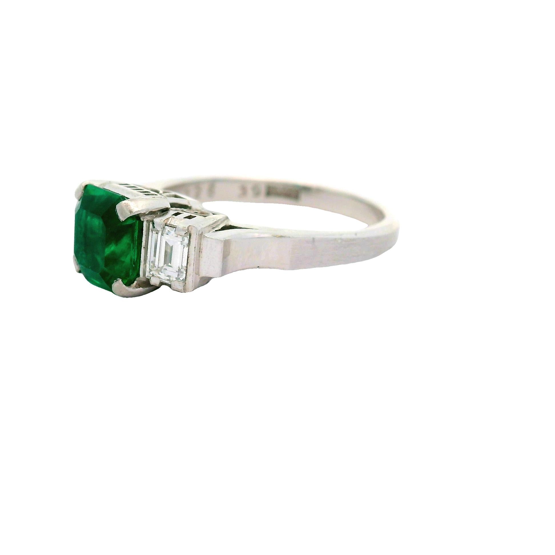 1.26 Carat Old-Mine Colombian Emerald Diamond Platinum Three-Stone Ring, GIA