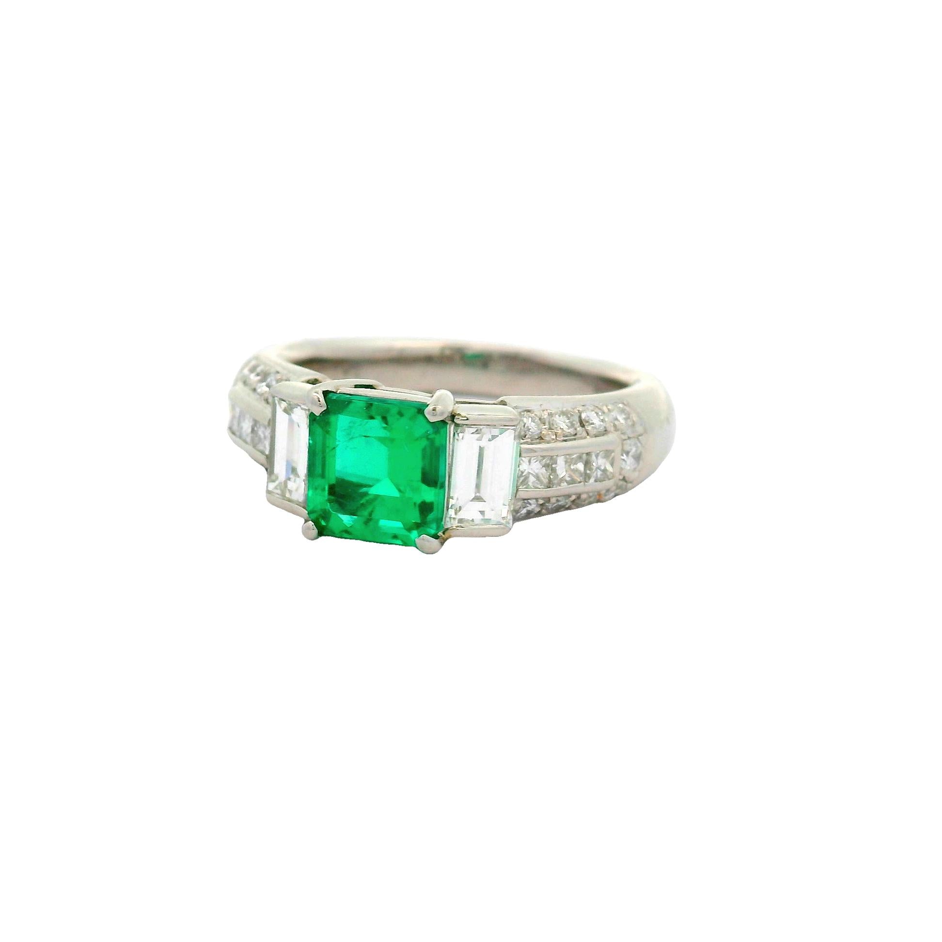 1.41 Carat Colombian Emerald Diamond Platinum Ring, GIA Certified