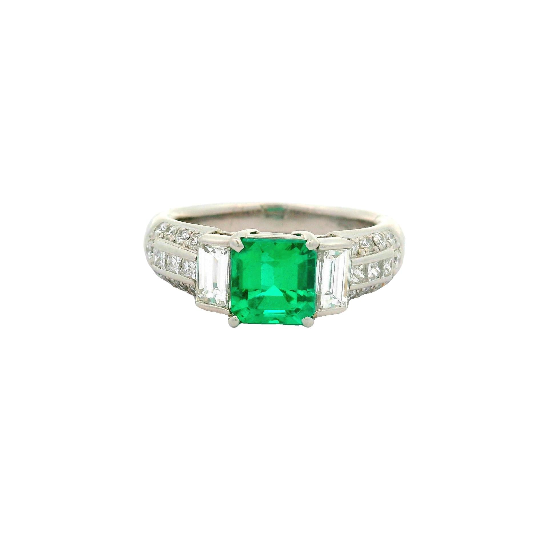 1.41 Carat Colombian Emerald Diamond Platinum Ring, GIA Certified