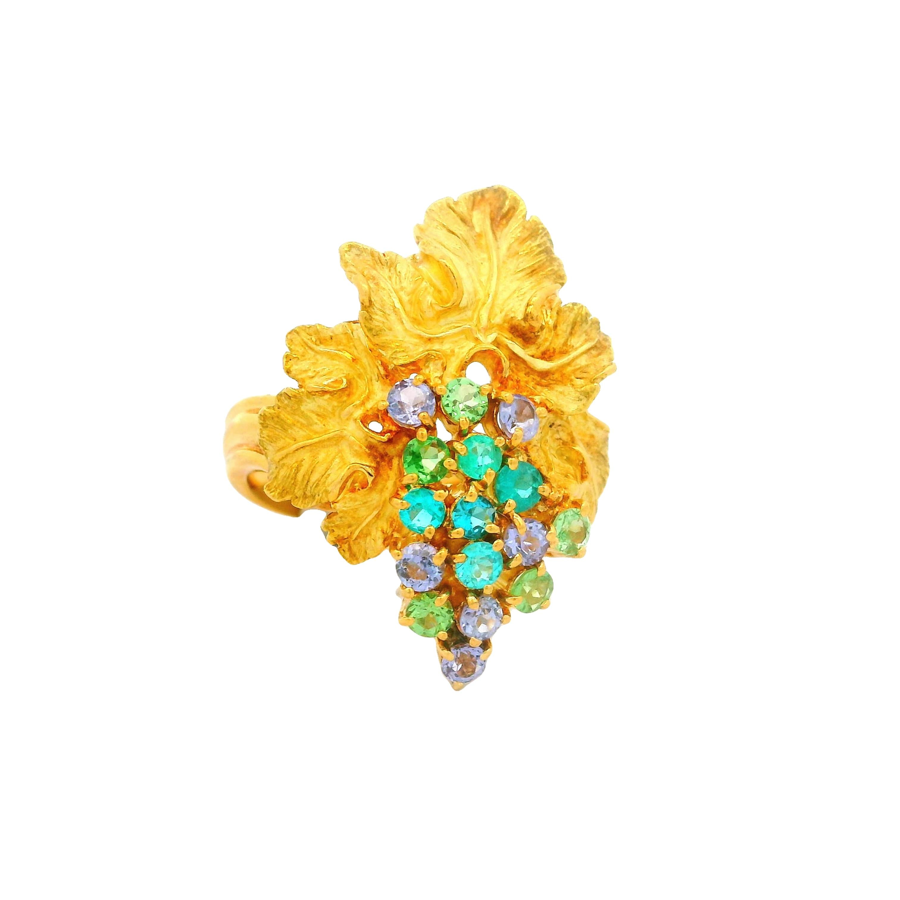 Paraiba Tourmaline 18k Yellow Grape-Leaf Ring