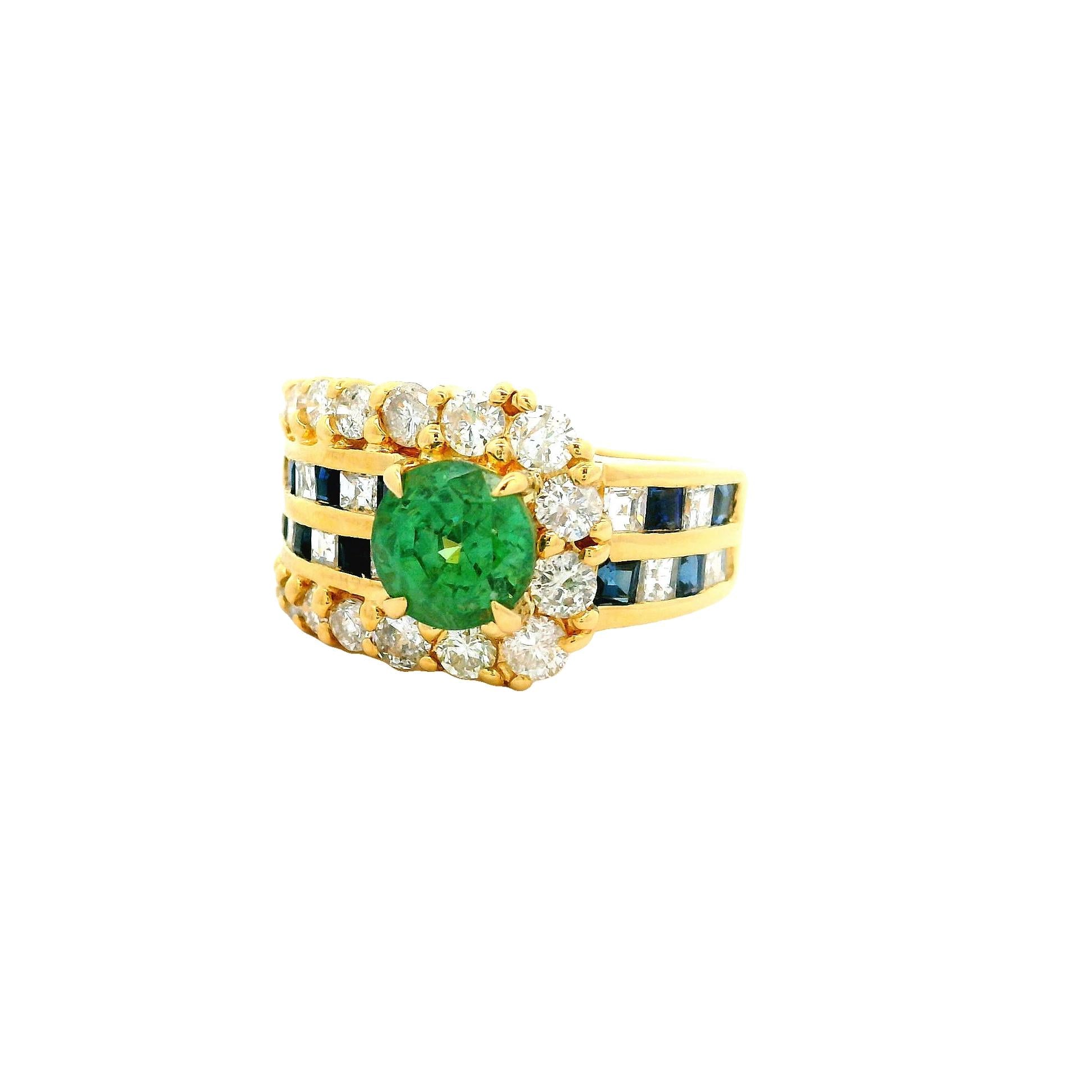 1.64 Carat Demantoid Garnet Diamond Sapphire 18k Yellow Gold Ring
