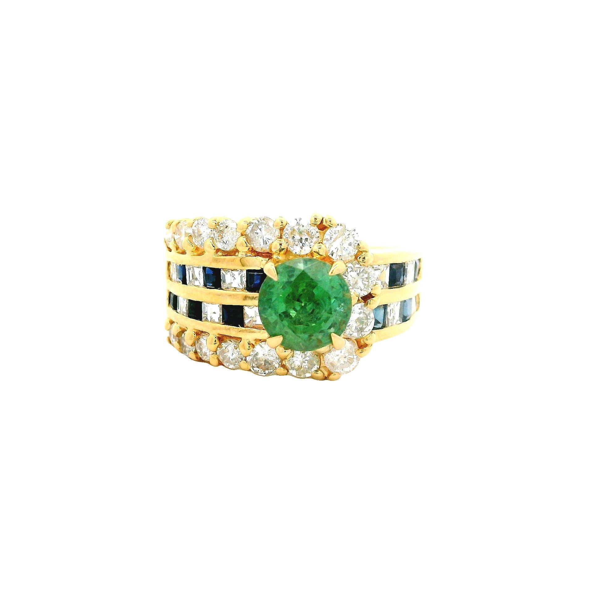 1.64 Carat Demantoid Garnet Diamond Sapphire 18k Yellow Gold Ring