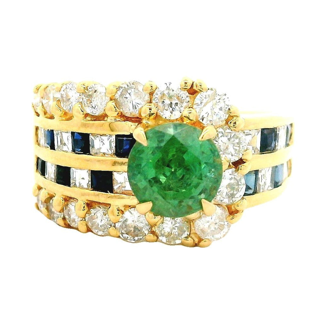 1.64 Carat Demantoid Garnet Diamond Sapphire 18k Yellow Gold Ring