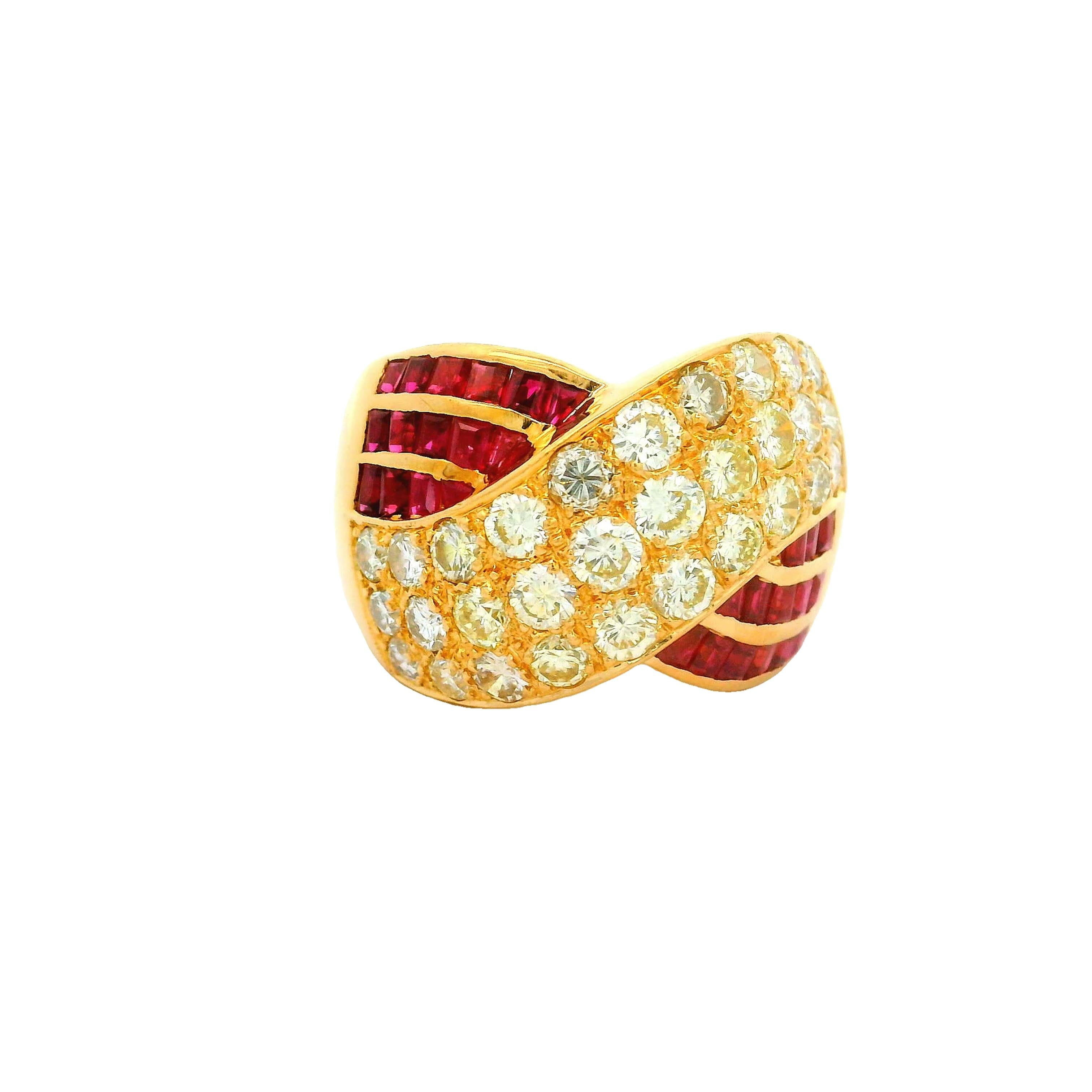 Diamond Ruby 18k Yellow Gold Crossing Ring