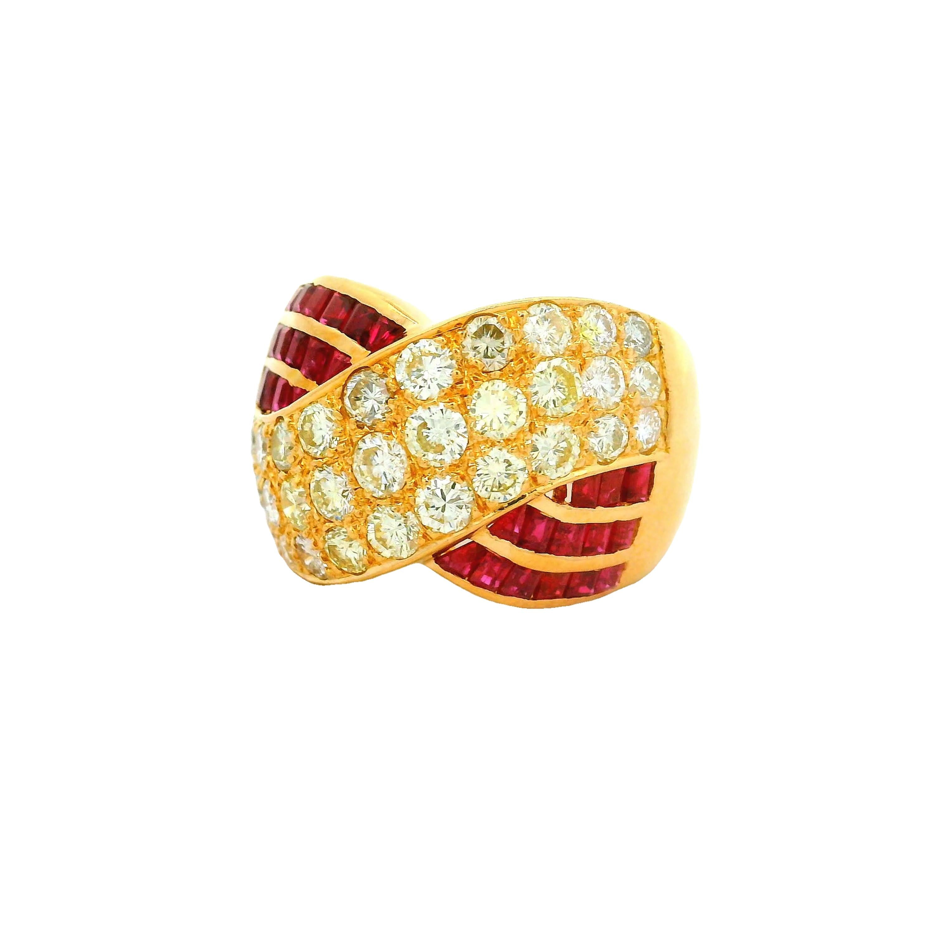 Diamond Ruby 18k Yellow Gold Crossing Ring
