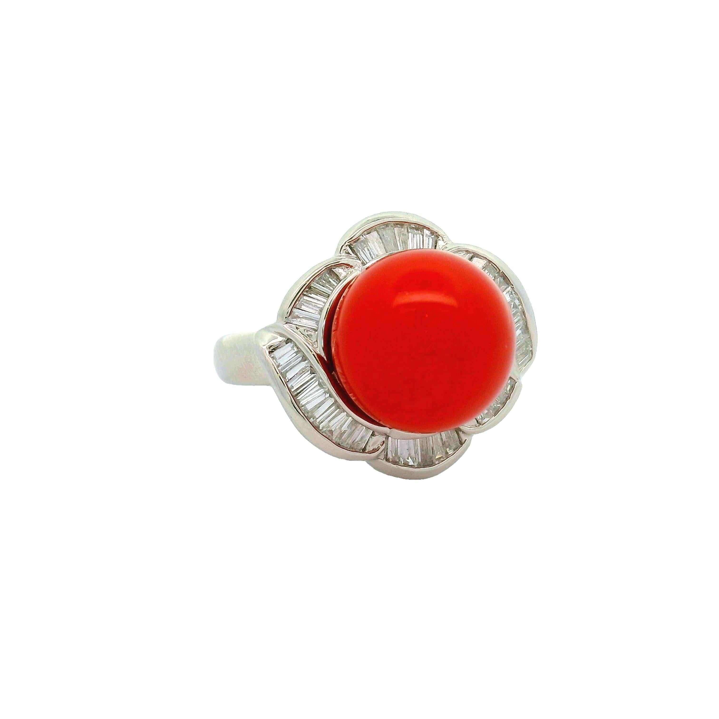 Ox-Blood Coral Diamond Platinum Spiral Ring