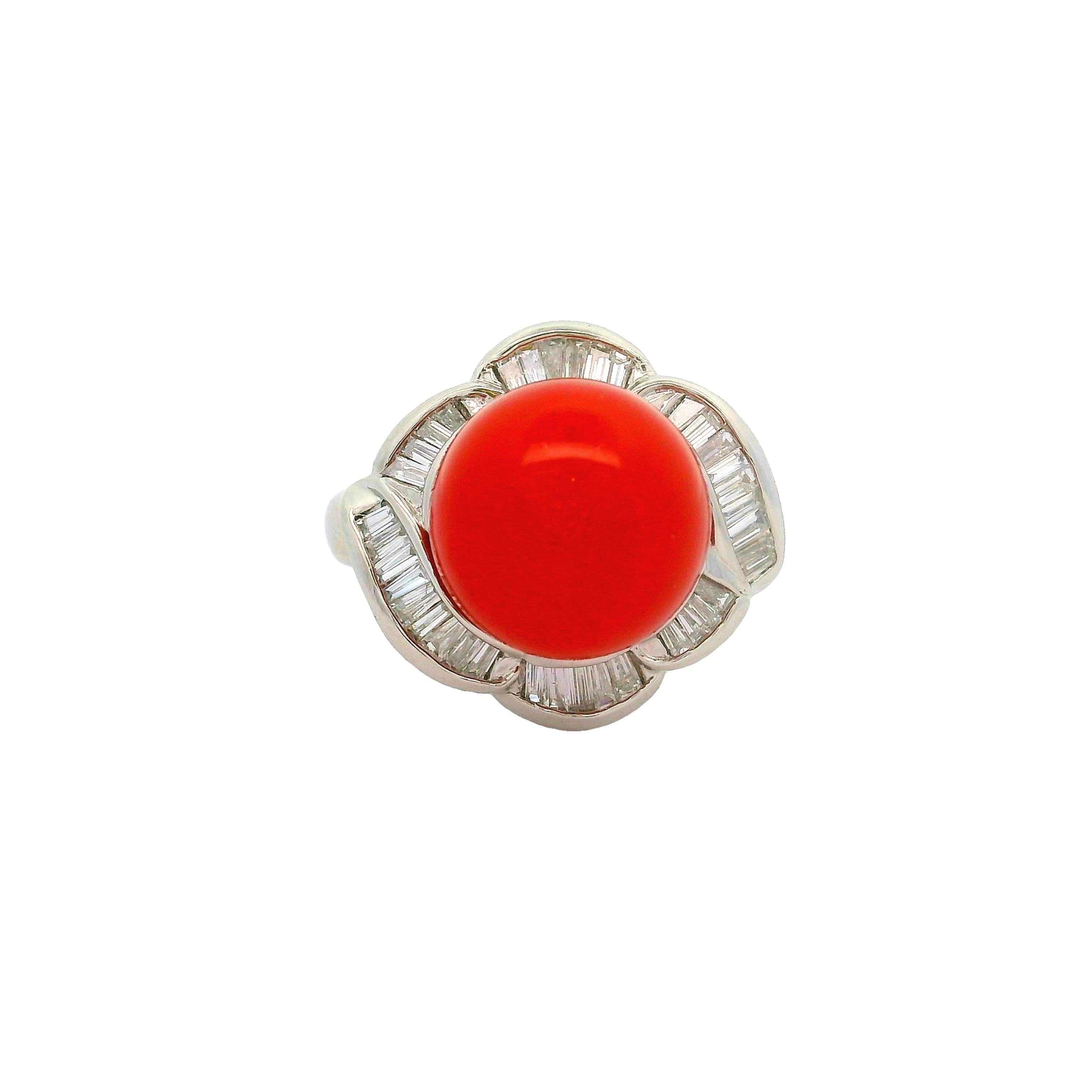 Ox-Blood Coral Diamond Platinum Spiral Ring