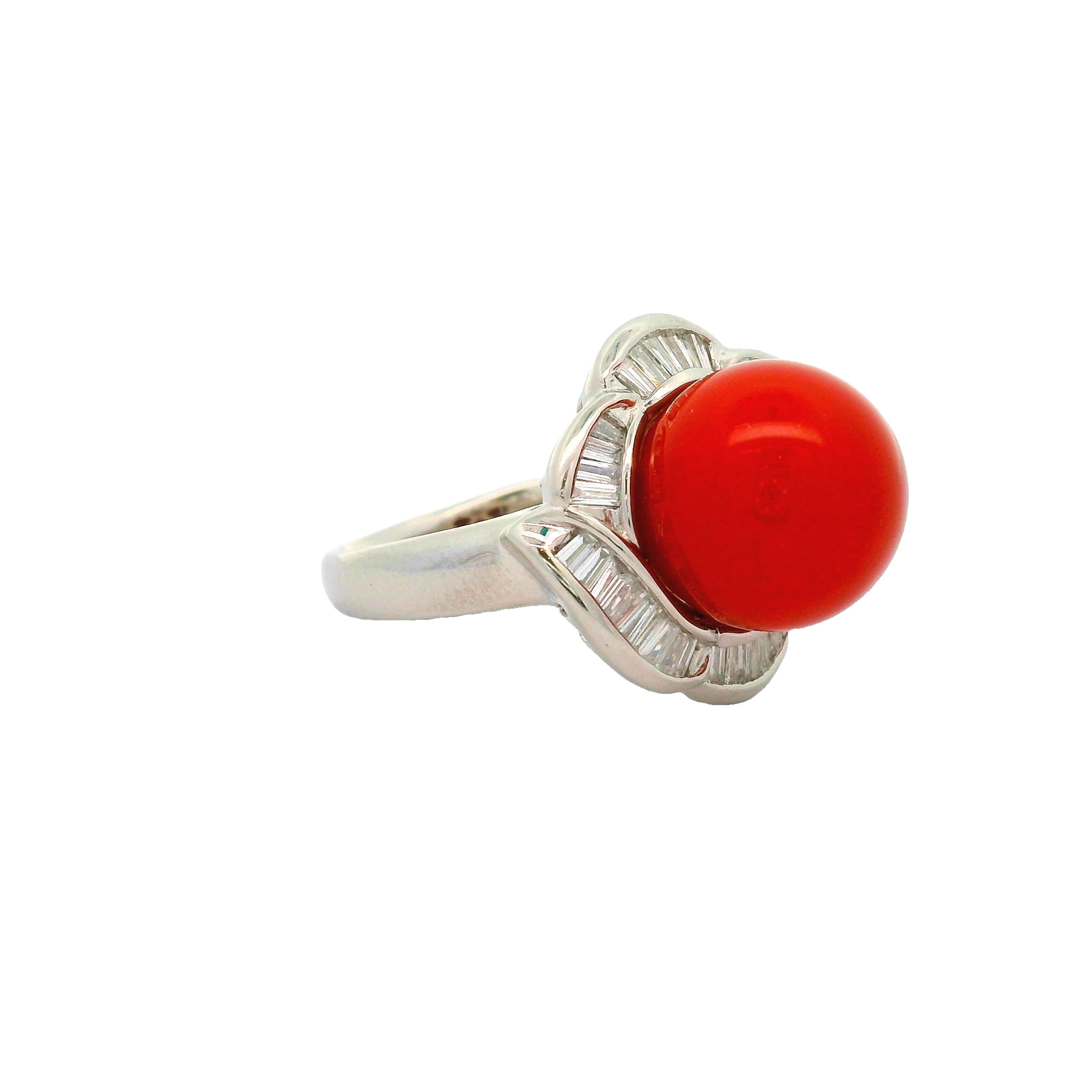 Ox-Blood Coral Diamond Platinum Spiral Ring