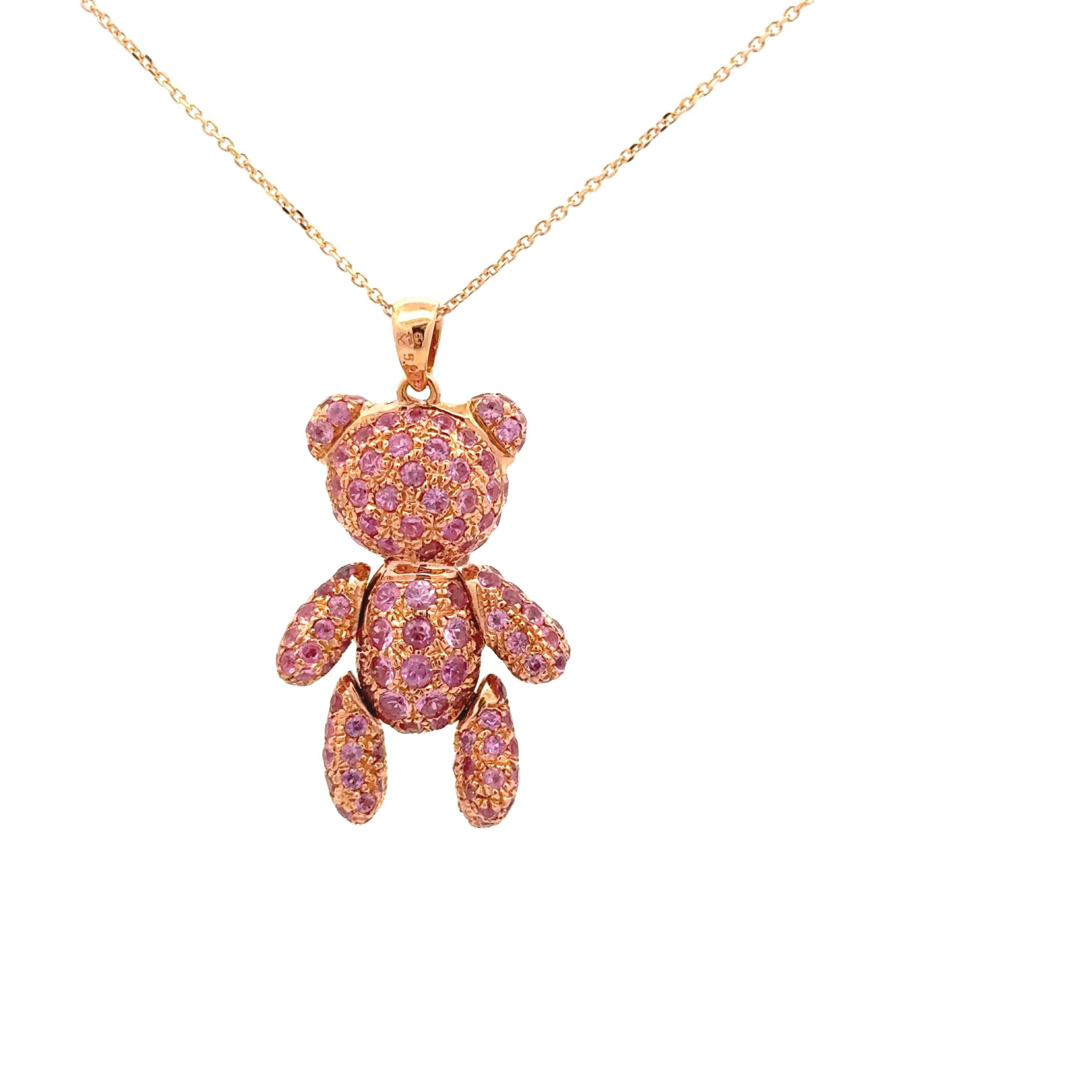 Pink Sapphire 18k Yellow Gold Teddy-Bear Pendant Chain
