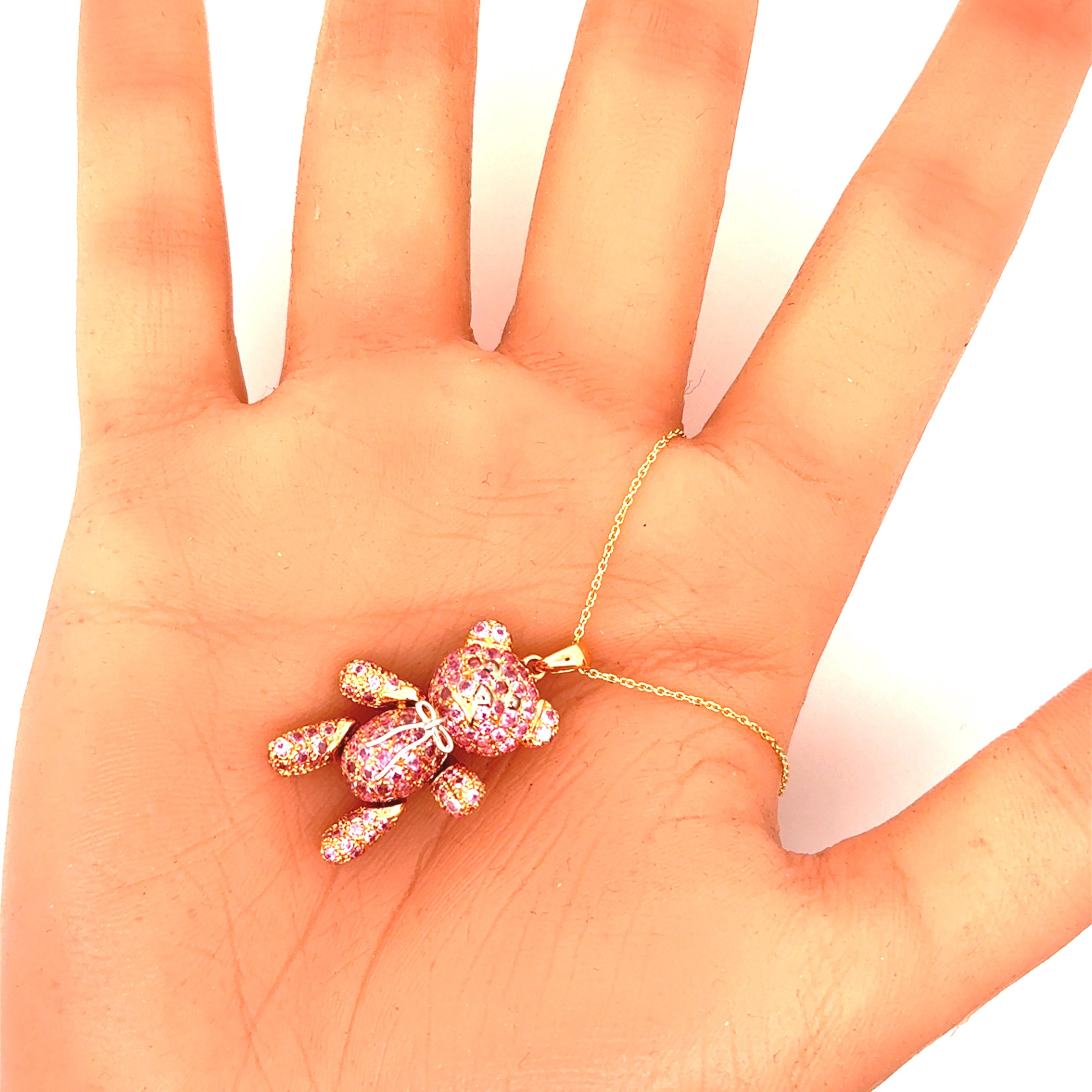 Pink Sapphire 18k Yellow Gold Teddy-Bear Pendant Chain