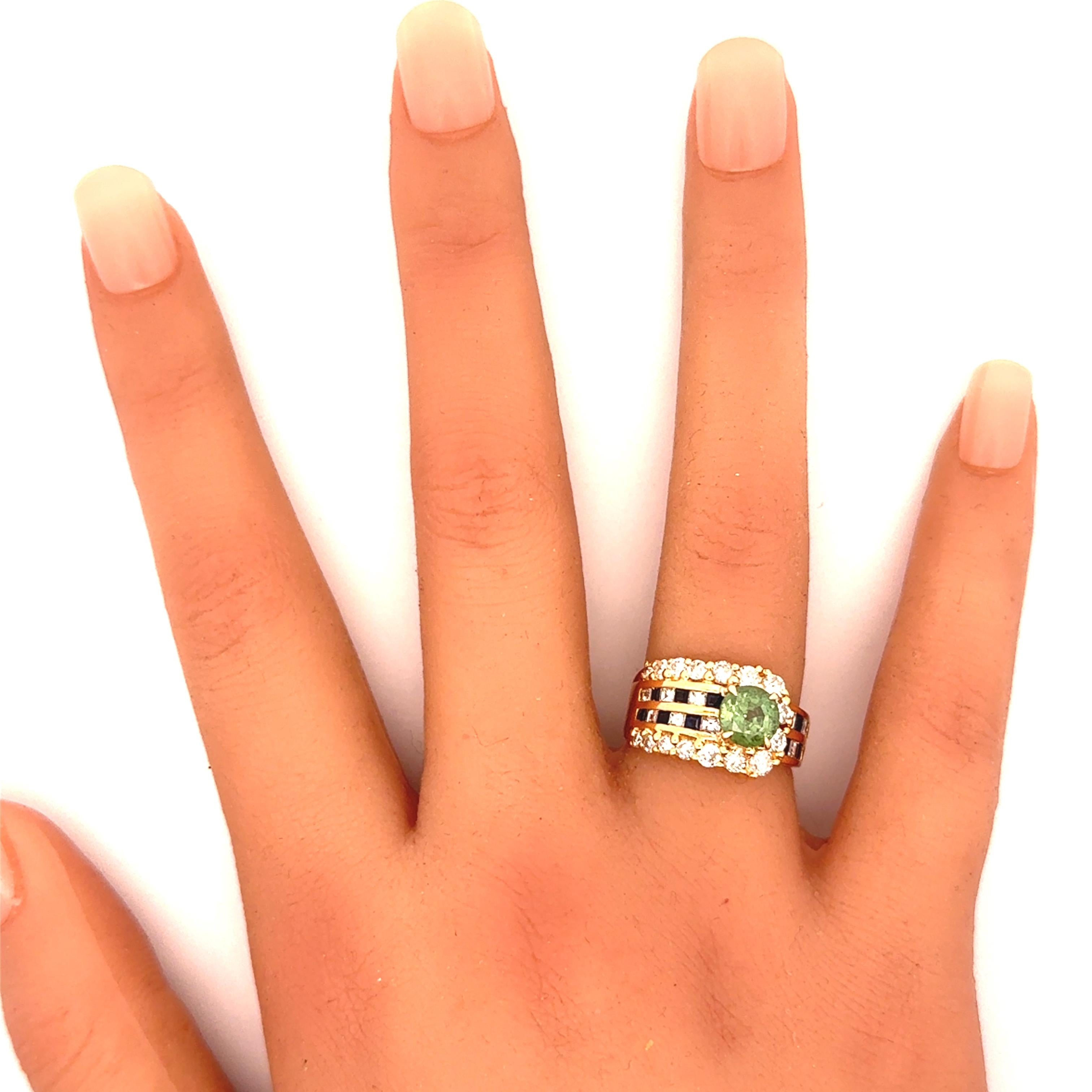 1.64 Carat Demantoid Garnet Diamond Sapphire 18k Yellow Gold Ring
