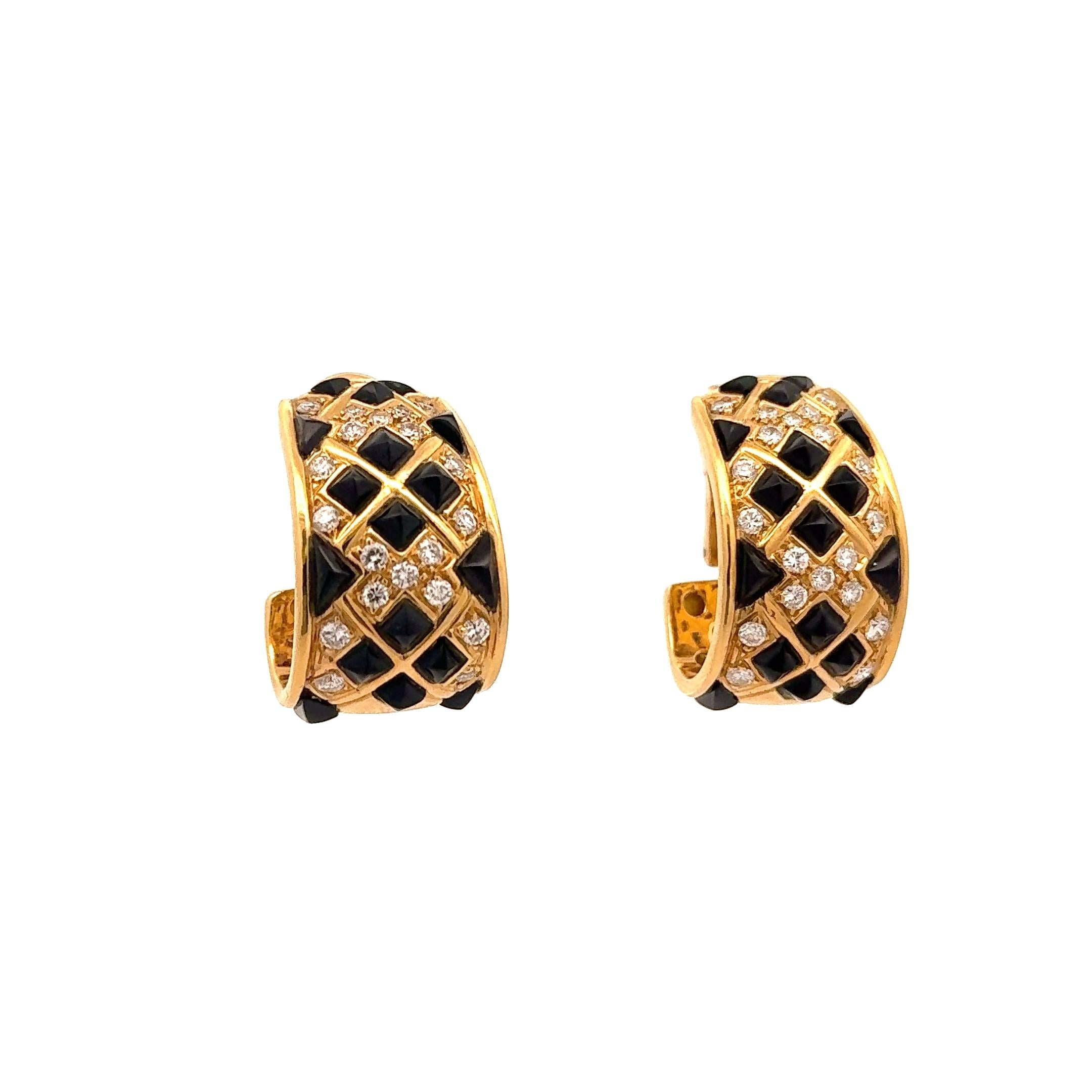 Sabbadini Black Onyx Diamond 18k Yellow Gold Clip Hoop Earrings