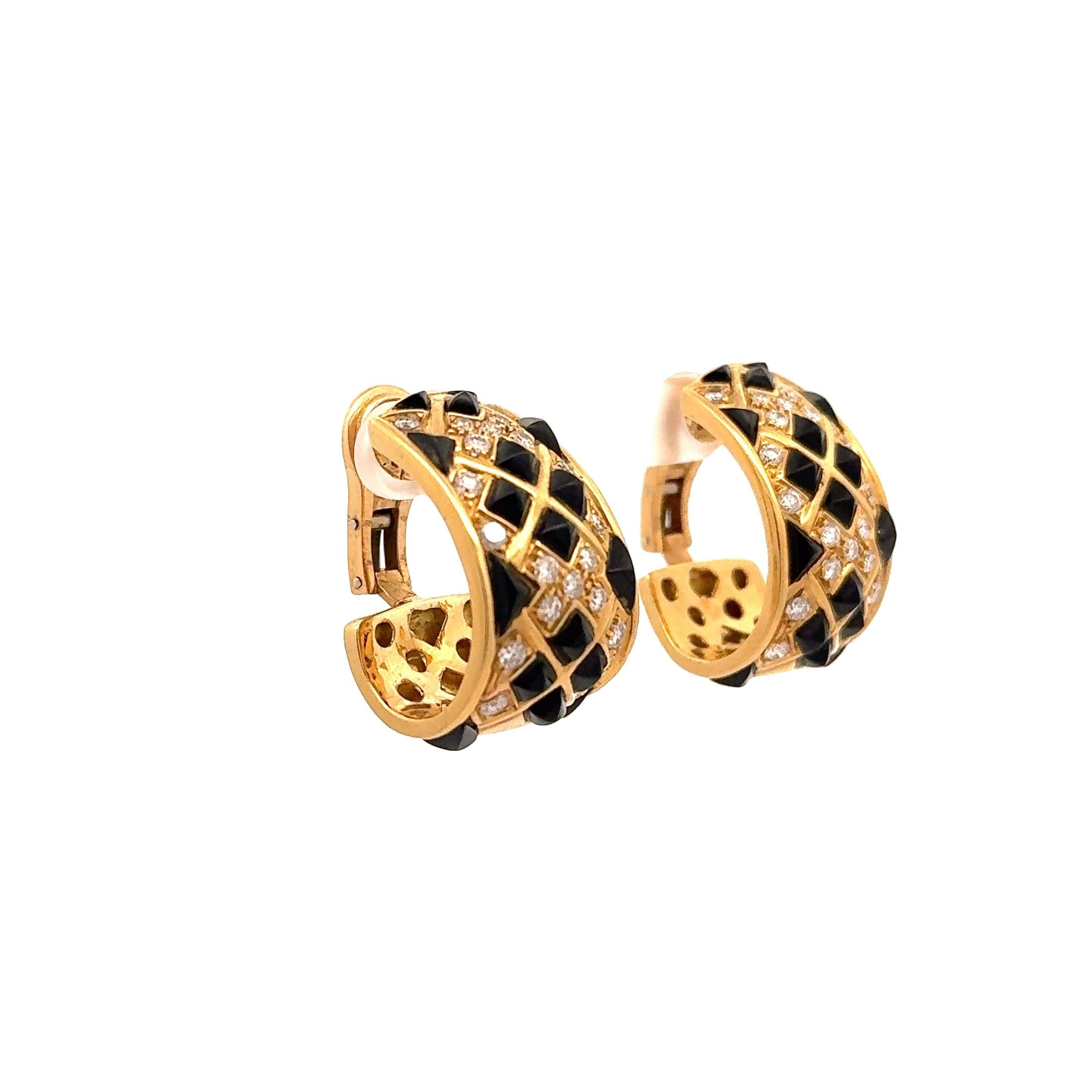 Sabbadini Black Onyx Diamond 18k Yellow Gold Clip Hoop Earrings
