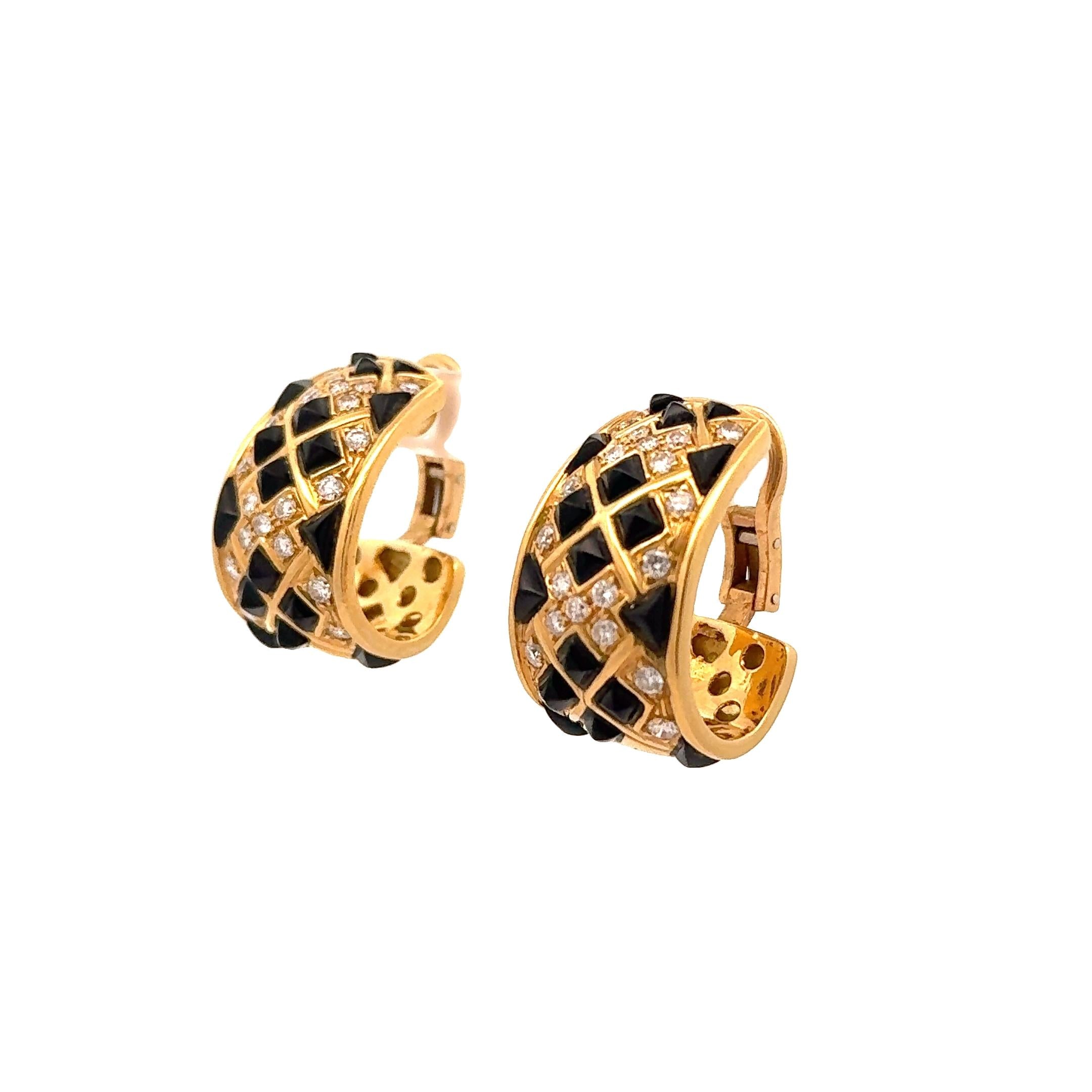 Sabbadini Black Onyx Diamond 18k Yellow Gold Clip Hoop Earrings