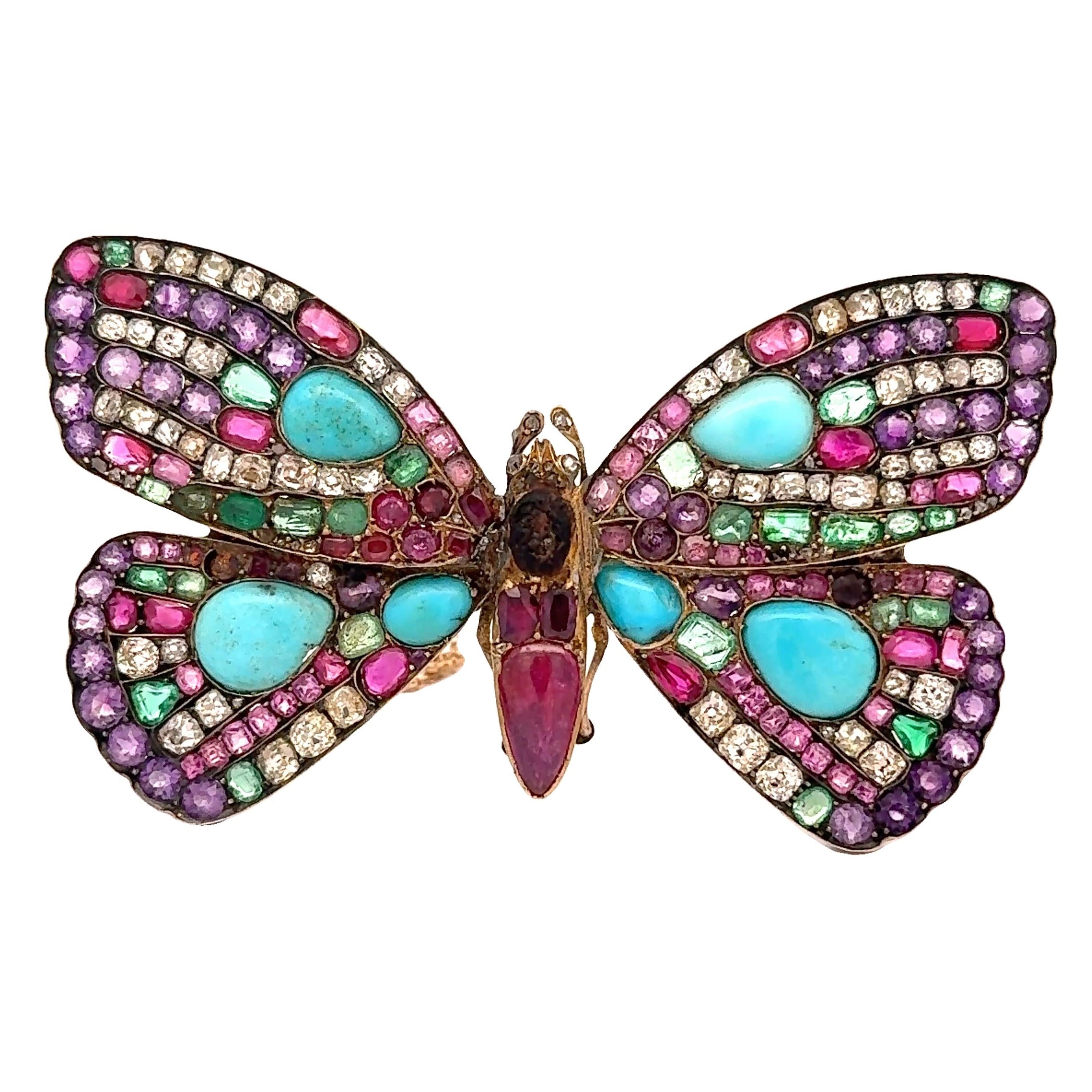 Antique Multi-colored Gemstones Diamond Silver-Topped 14k Yellow Gold Butterfly