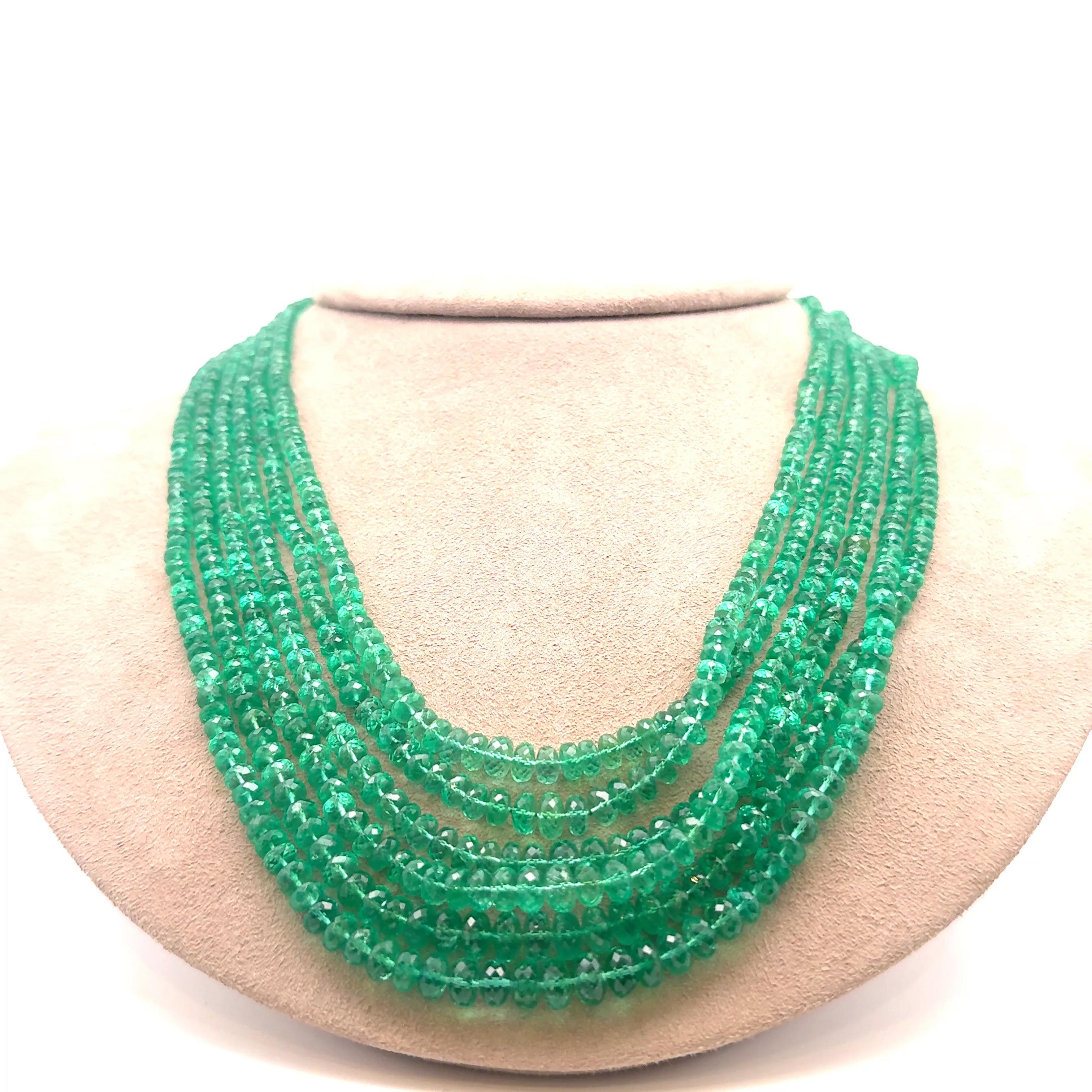 David Webb Emerald Diamond Multi-Strand Beads Necklace