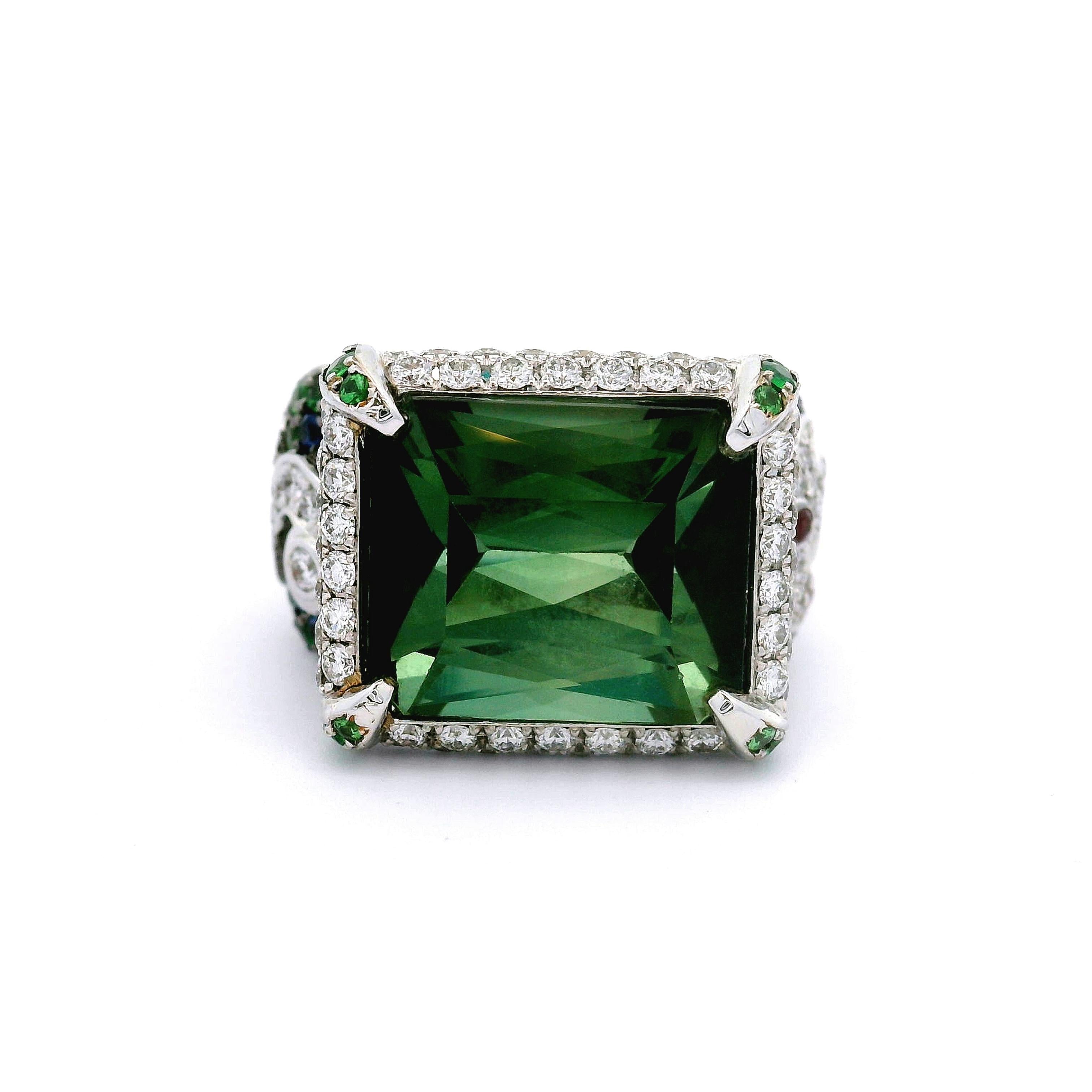 Tourmaline Diamond Ruby Tsavorite Sapphire 18k White Gold Cocktail Ring