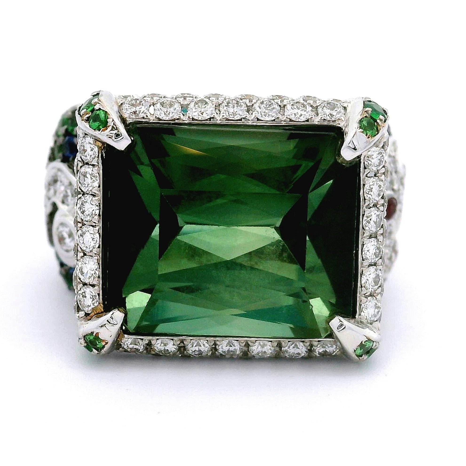 Tourmaline Diamond Ruby Tsavorite Sapphire 18k White Gold Cocktail Ring
