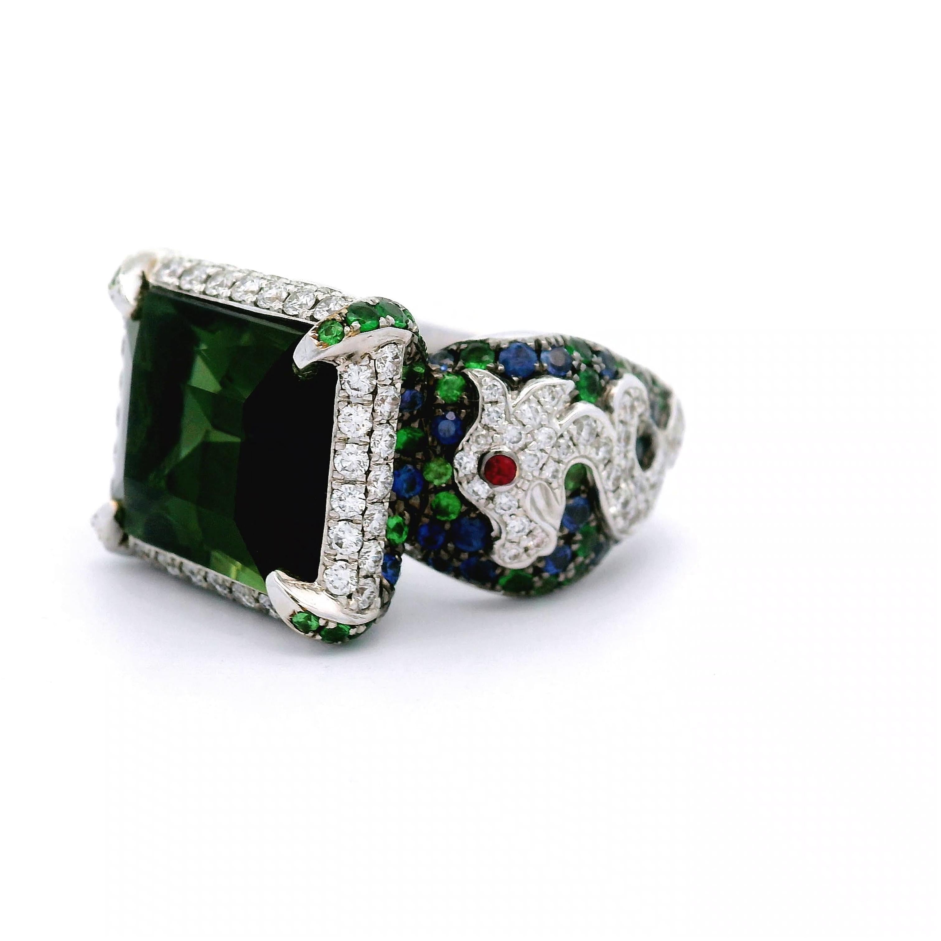 Tourmaline Diamond Ruby Tsavorite Sapphire 18k White Gold Cocktail Ring