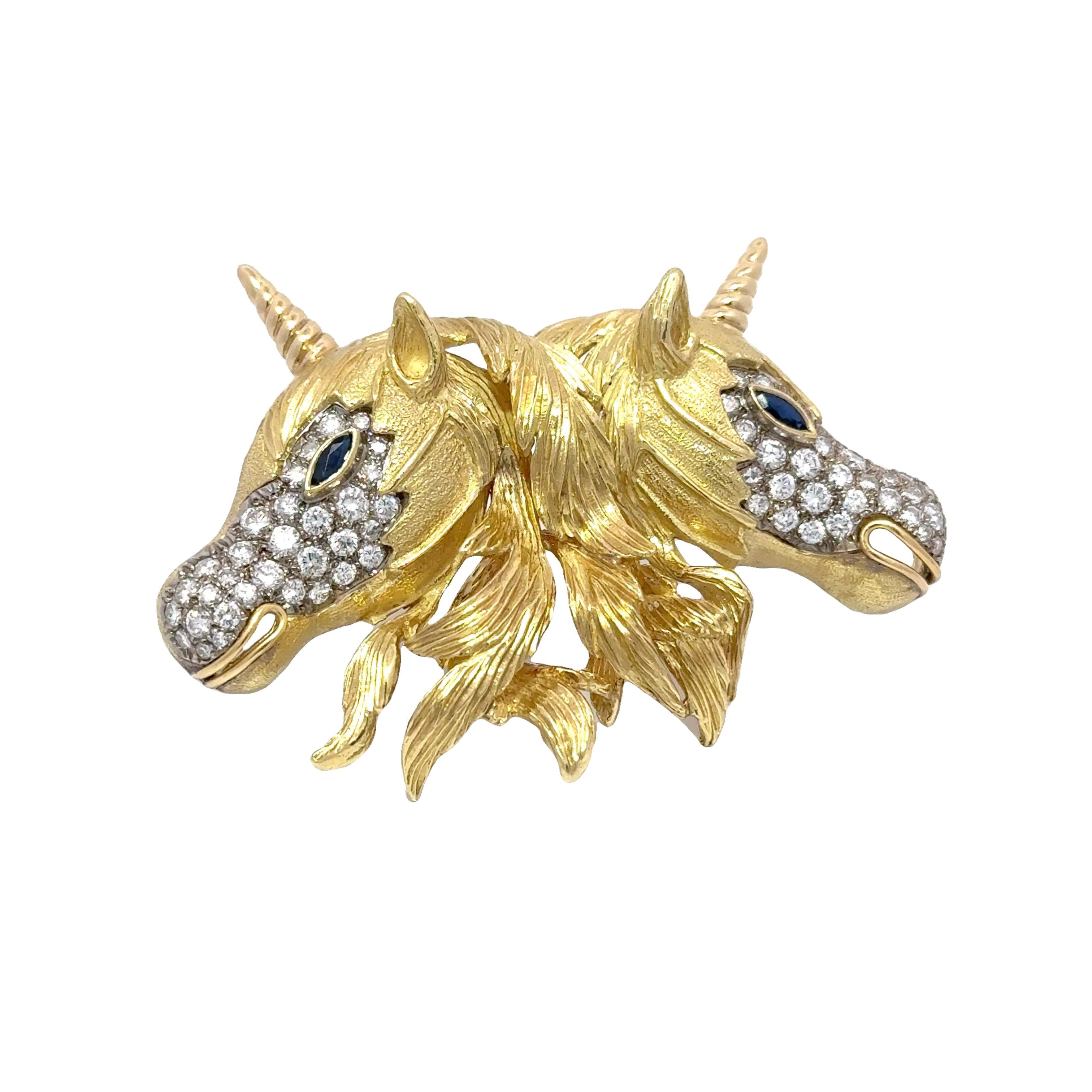 Diamond Sapphire 18k Yellow Gold Double-Unicorn Pin Brooch