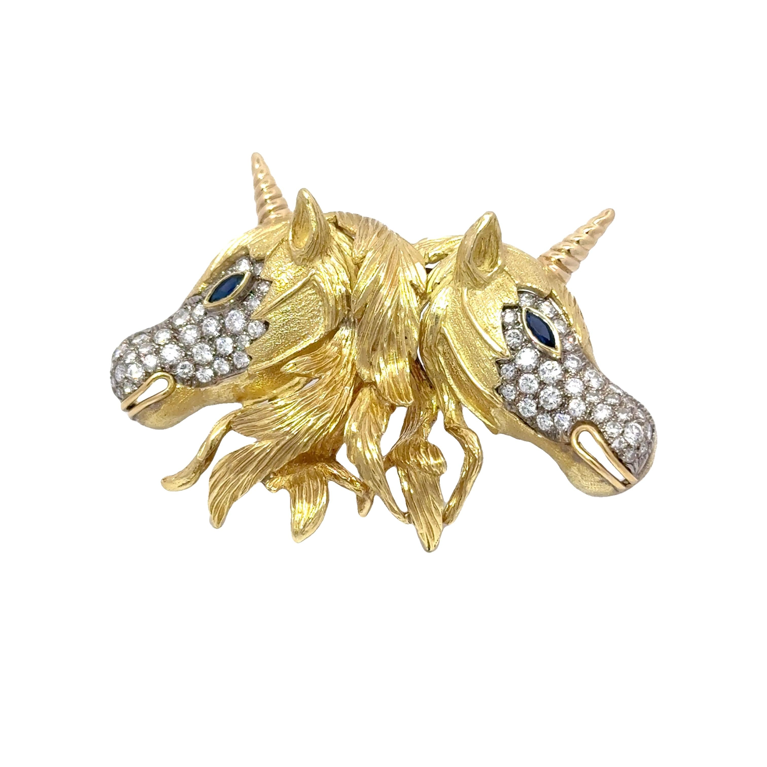 Diamond Sapphire 18k Yellow Gold Double-Unicorn Pin Brooch