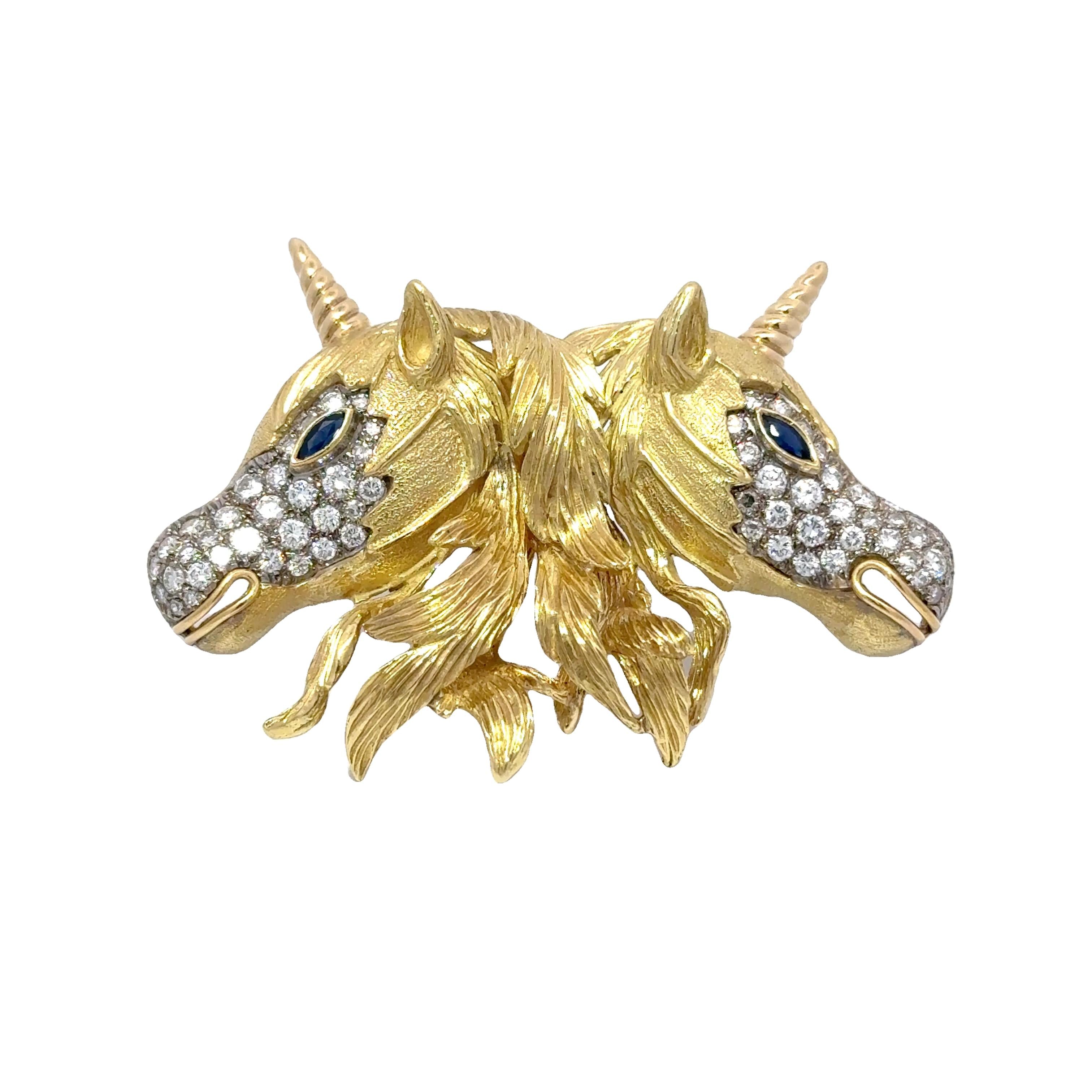 Diamond Sapphire 18k Yellow Gold Double-Unicorn Pin Brooch