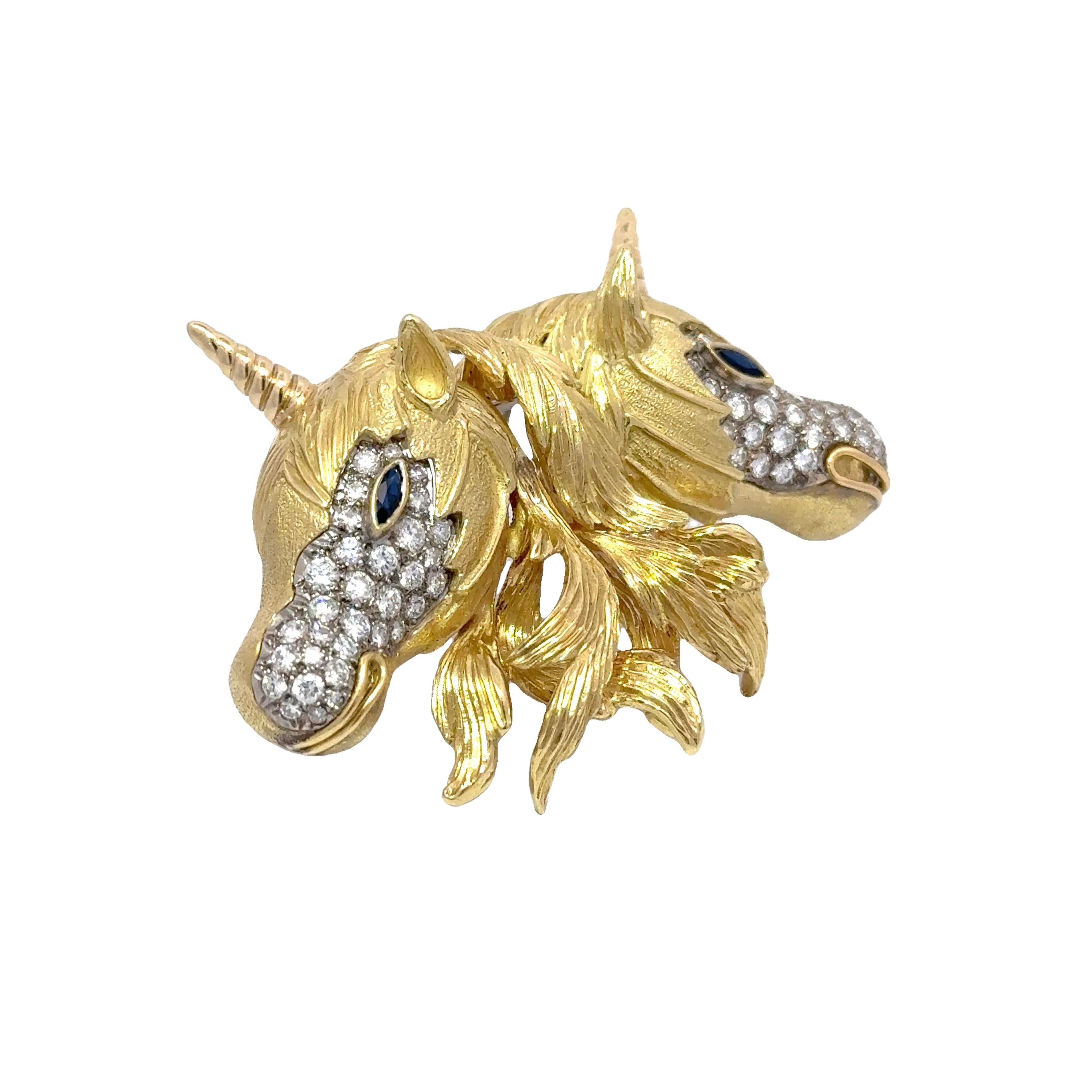Diamond Sapphire 18k Yellow Gold Double-Unicorn Pin Brooch