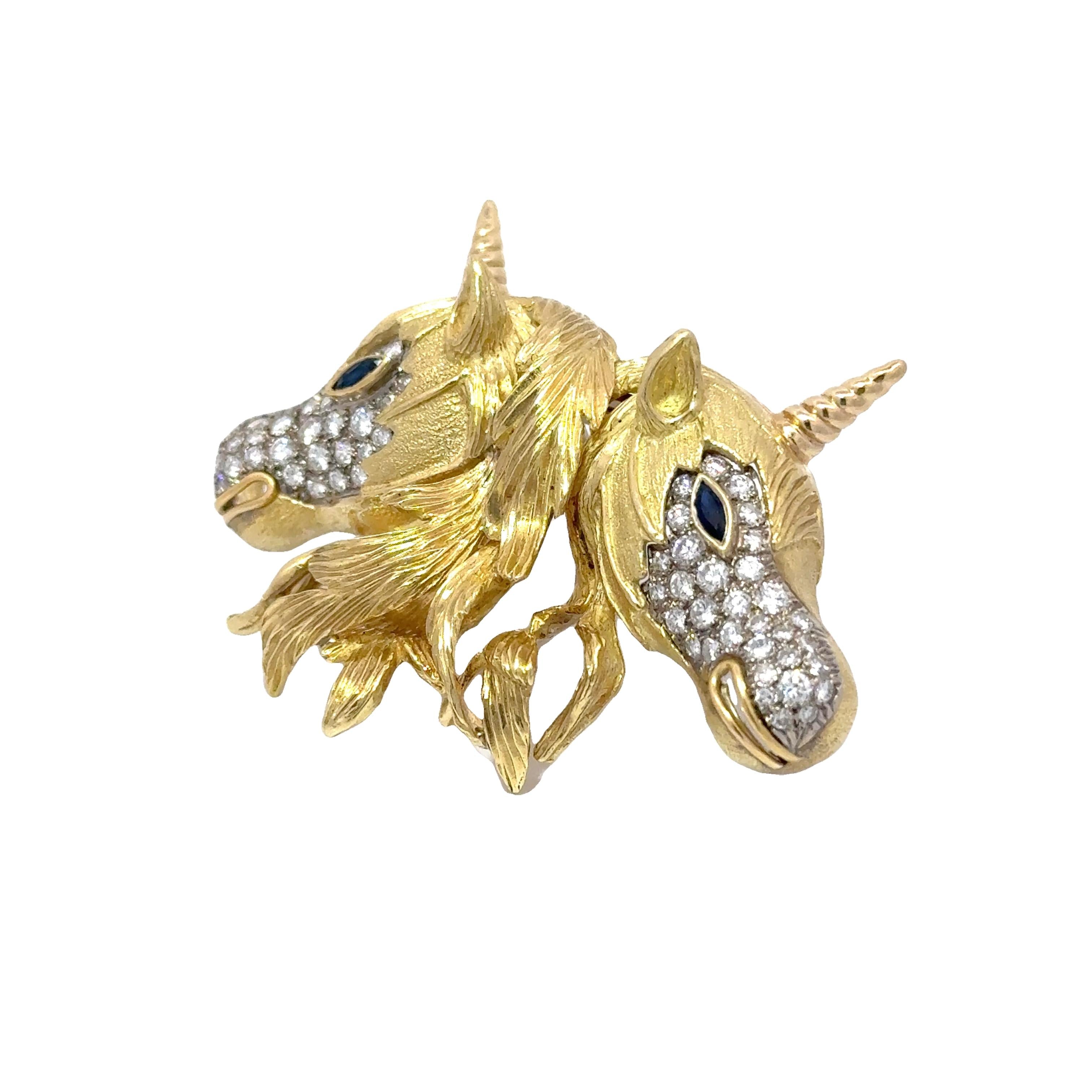 Diamond Sapphire 18k Yellow Gold Double-Unicorn Pin Brooch