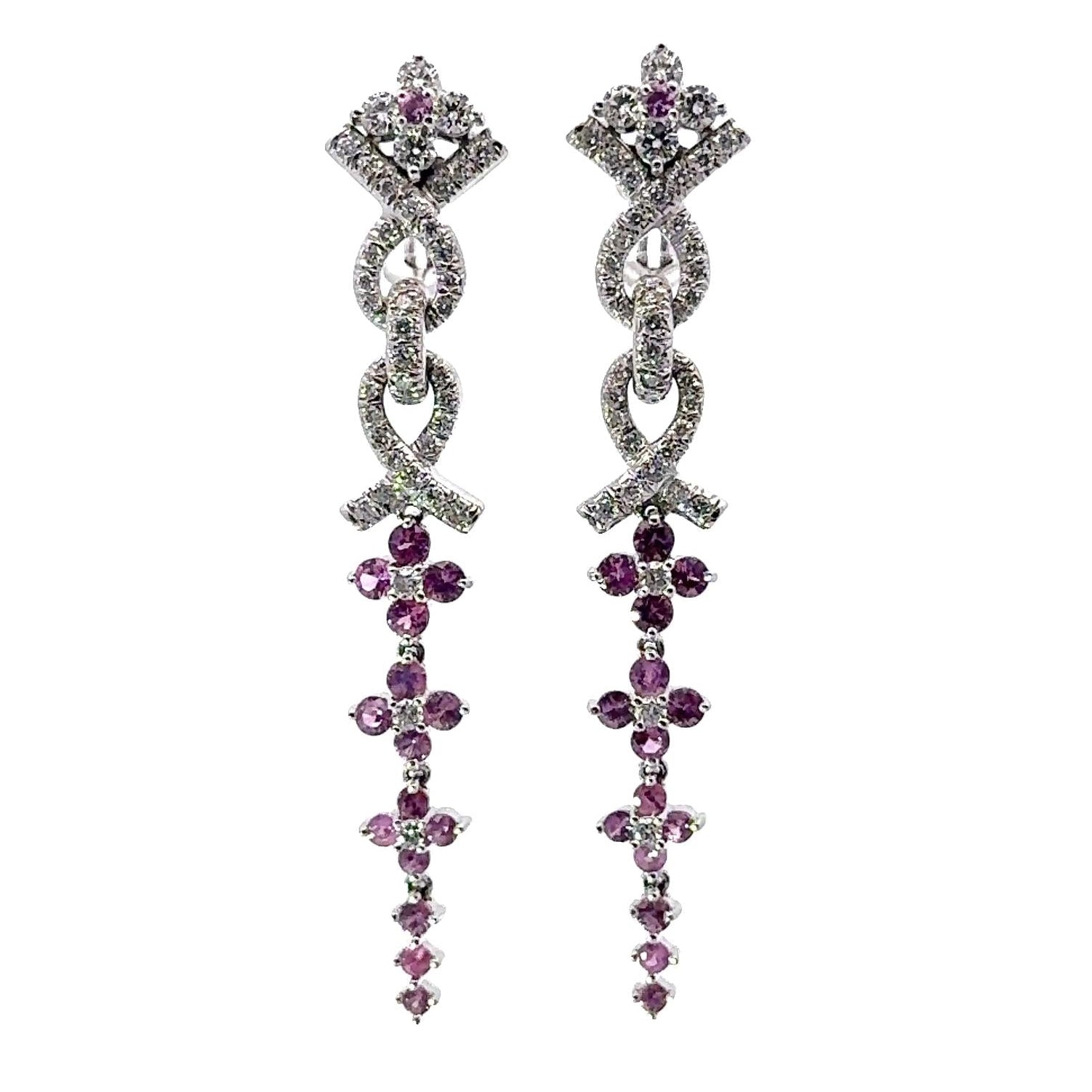 Jean Vitau Pink Sapphire Diamond 18k White Gold Long Drop Clip Earrings