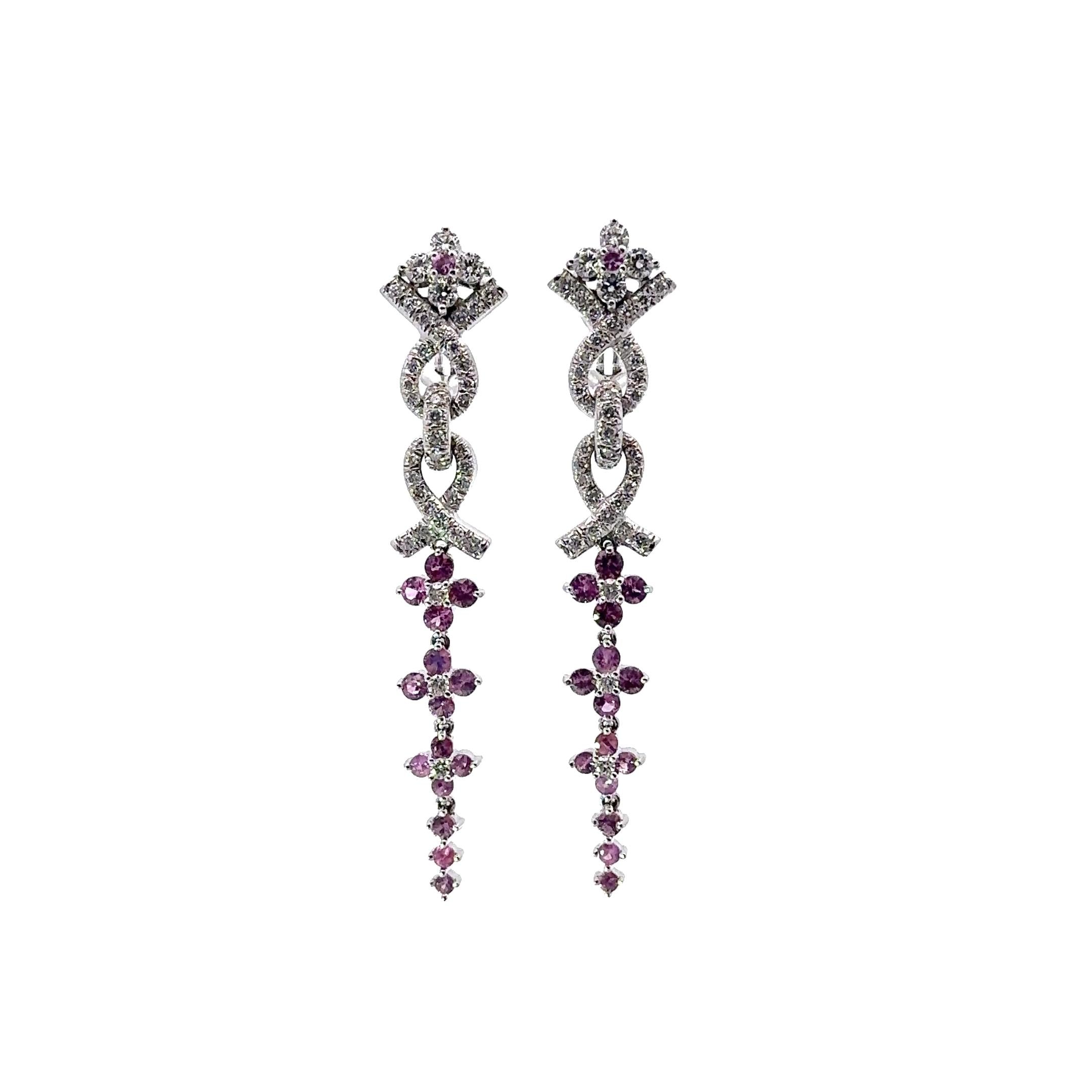 Jean Vitau Pink Sapphire Diamond 18k White Gold Long Drop Clip Earrings