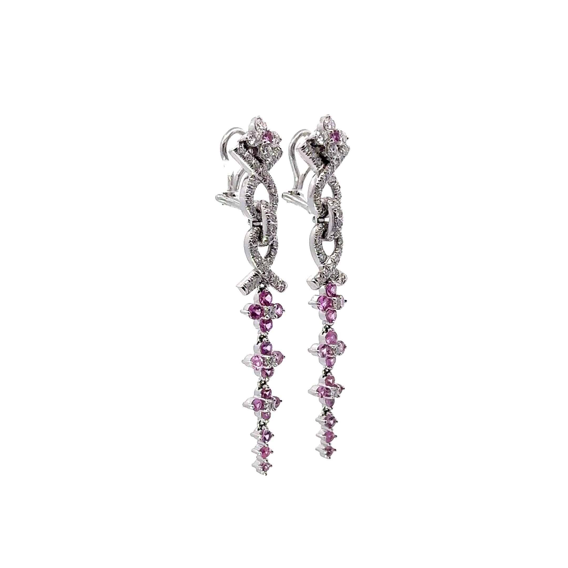 Jean Vitau Pink Sapphire Diamond 18k White Gold Long Drop Clip Earrings