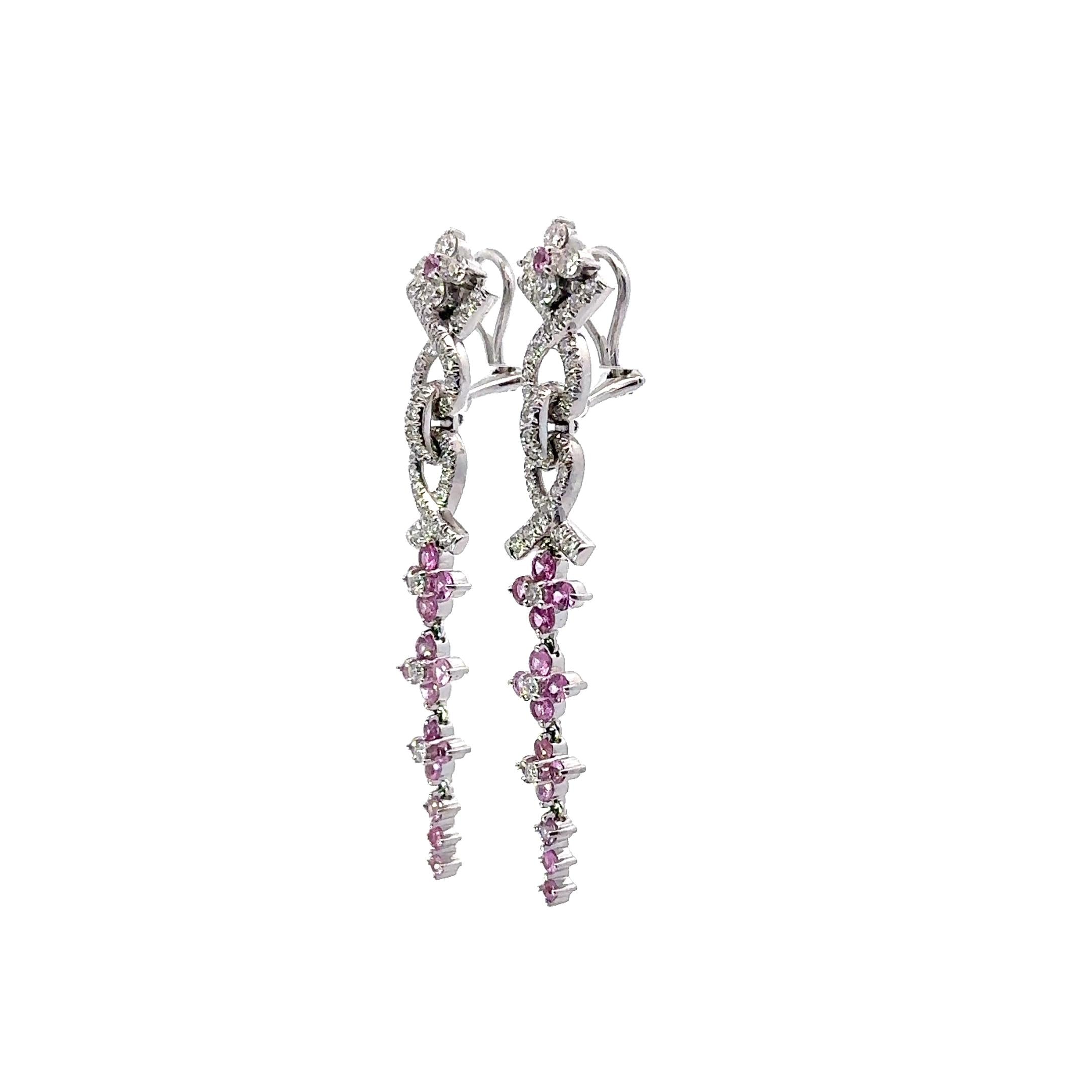 Jean Vitau Pink Sapphire Diamond 18k White Gold Long Drop Clip Earrings