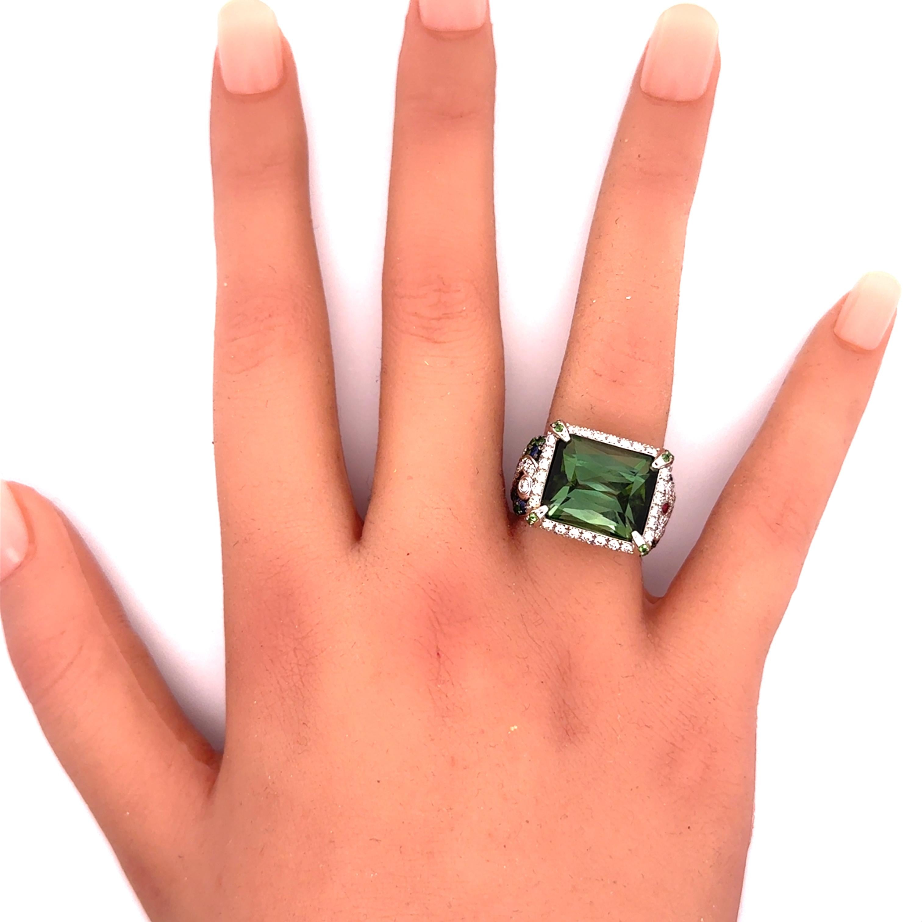 Tourmaline Diamond Ruby Tsavorite Sapphire 18k White Gold Cocktail Ring