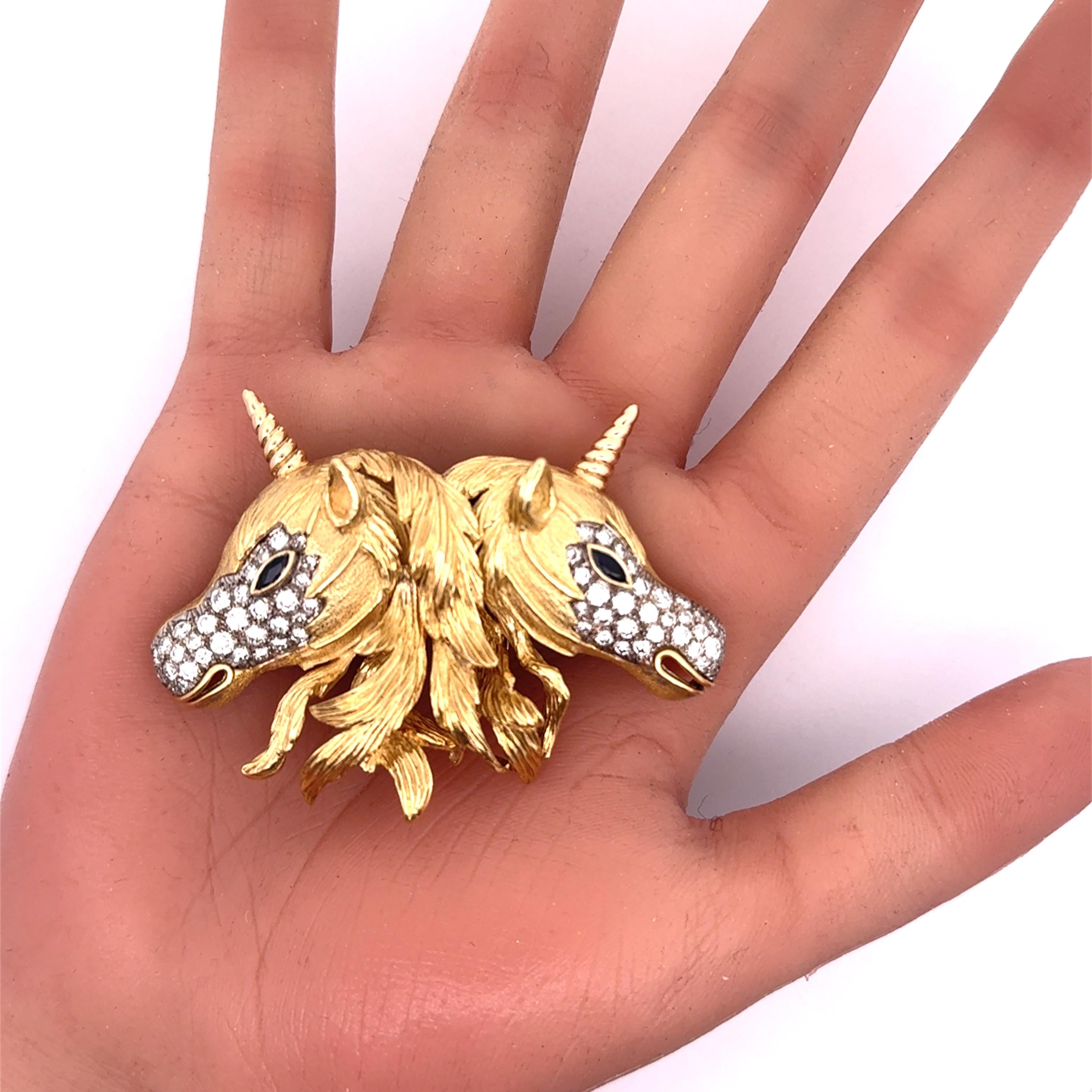 Diamond Sapphire 18k Yellow Gold Double-Unicorn Pin Brooch