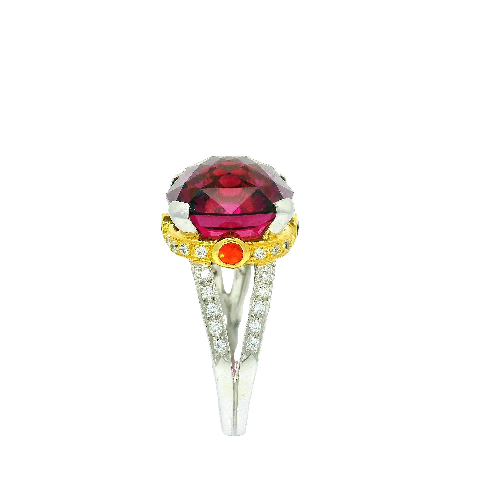14.18 Carat Gem Rhodolite Garnet Diamond Platinum & 18k Yellow Gold Ring