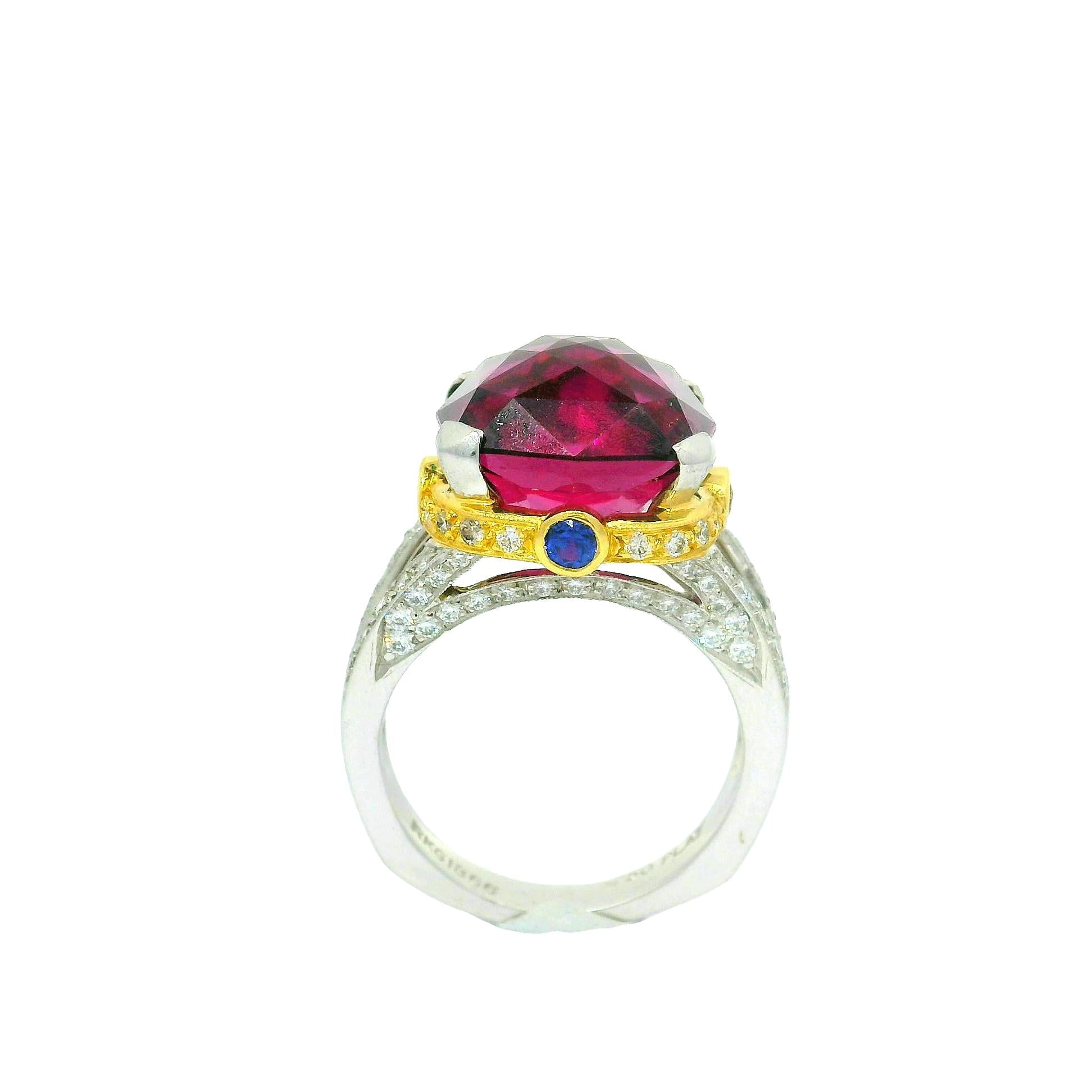 14.18 Carat Gem Rhodolite Garnet Diamond Platinum & 18k Yellow Gold Ring