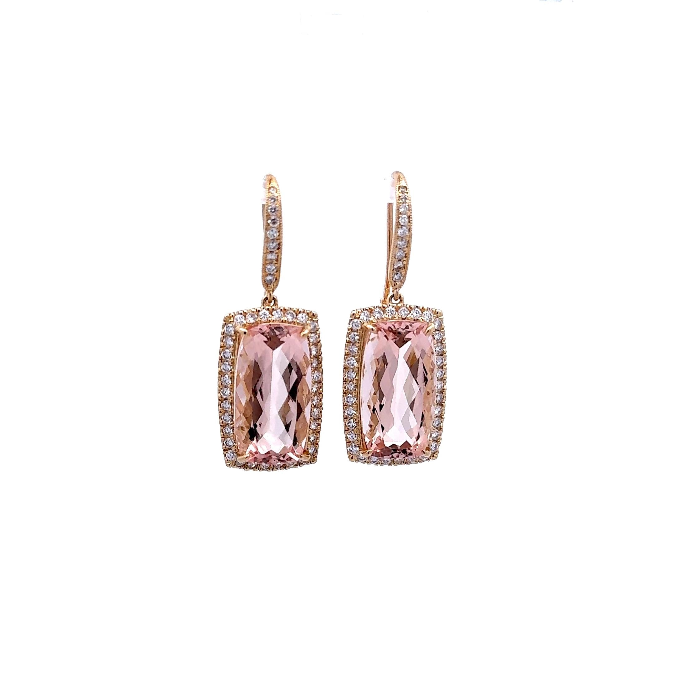19.28 Carats Morganite Diamond 14k Yellow Gold Halo Hook Dangle Earrings