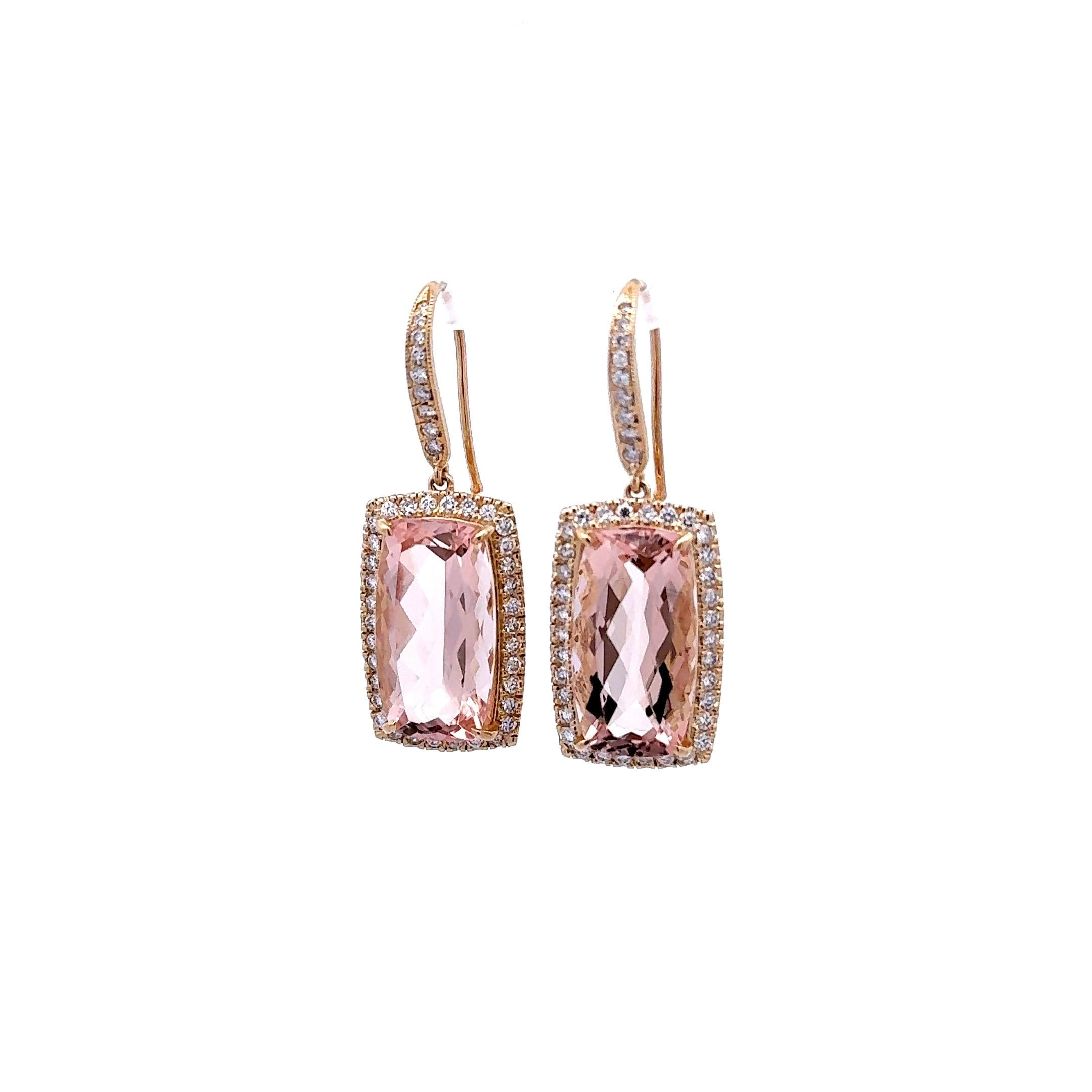 19.28 Carats Morganite Diamond 14k Yellow Gold Halo Hook Dangle Earrings
