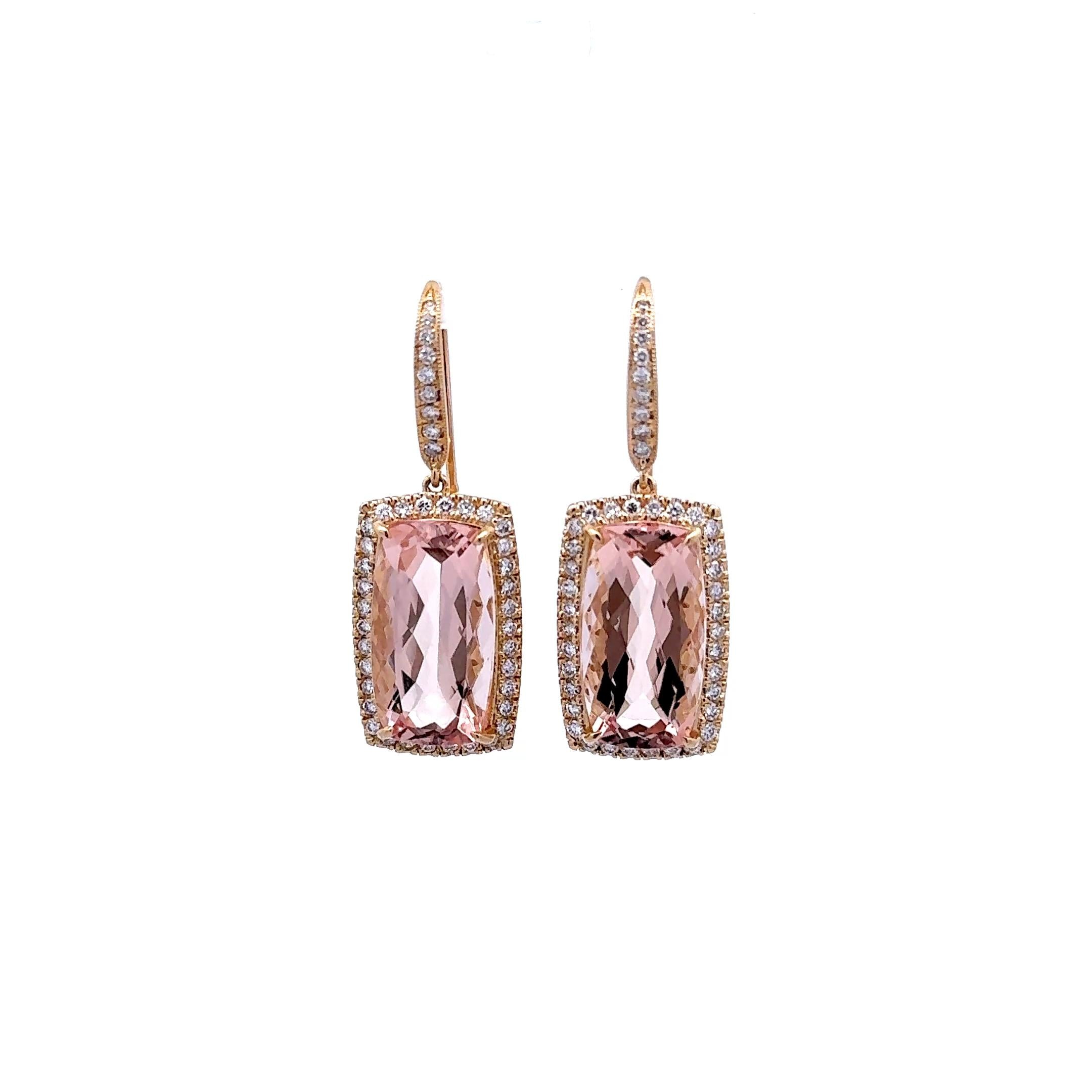 19.28 Carats Morganite Diamond 14k Yellow Gold Halo Hook Dangle Earrings